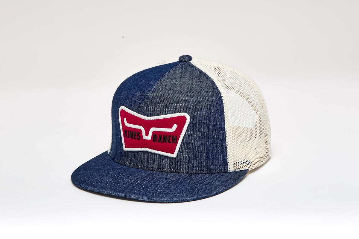 Kimes Ranch Panoramic Trucker Hat, side view, with a red embroidered logo patch and cream mesh back