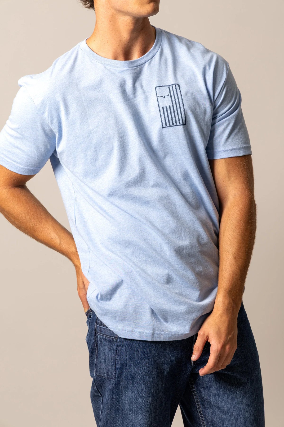 Kimes Ranch Patched shirt in Heather Columbia Blue with a chest pocket featuring the Kimes Ranch logo