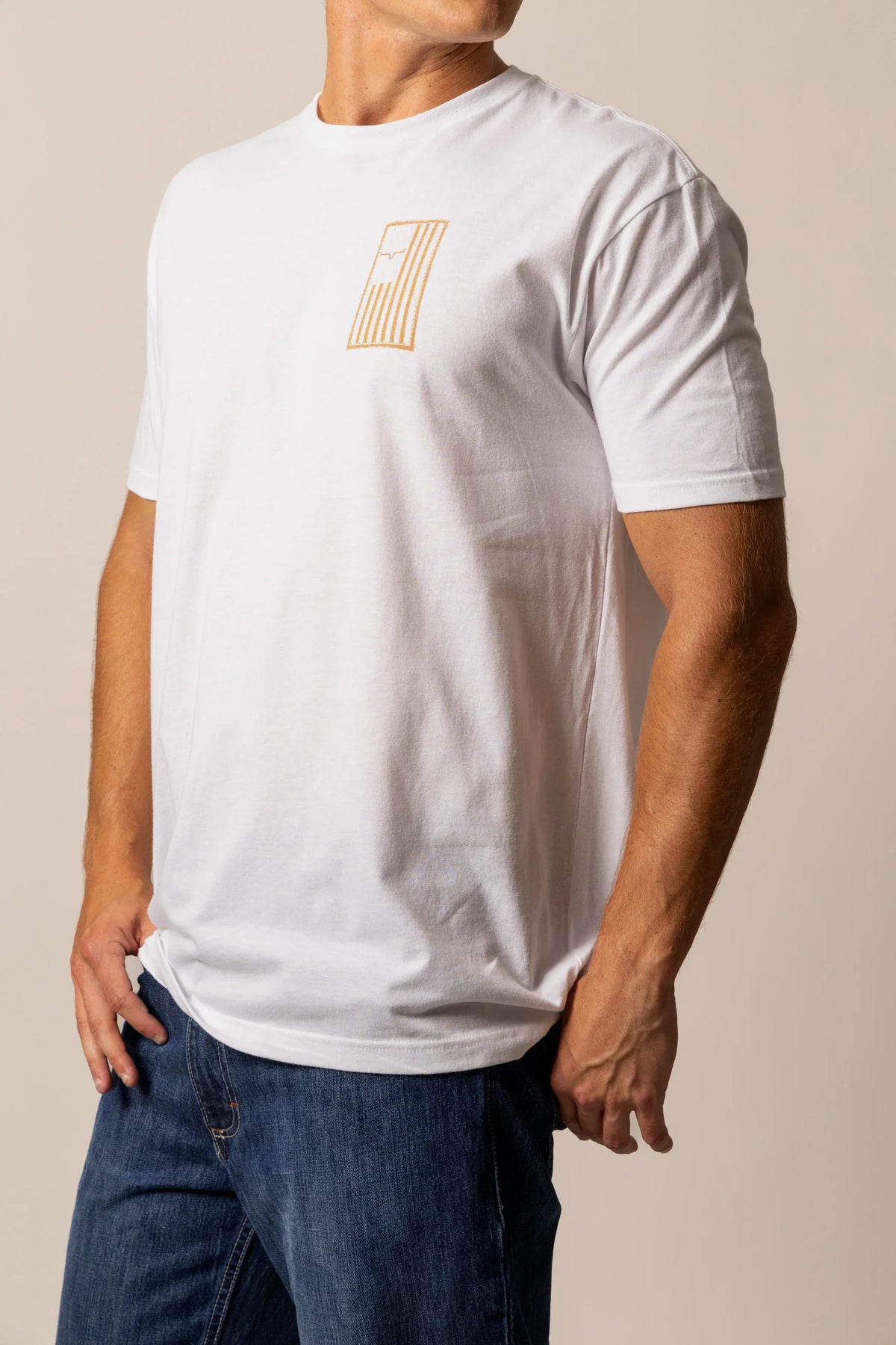 Kimes Ranch Patched shirt in White with a gold outline graphic on the chest