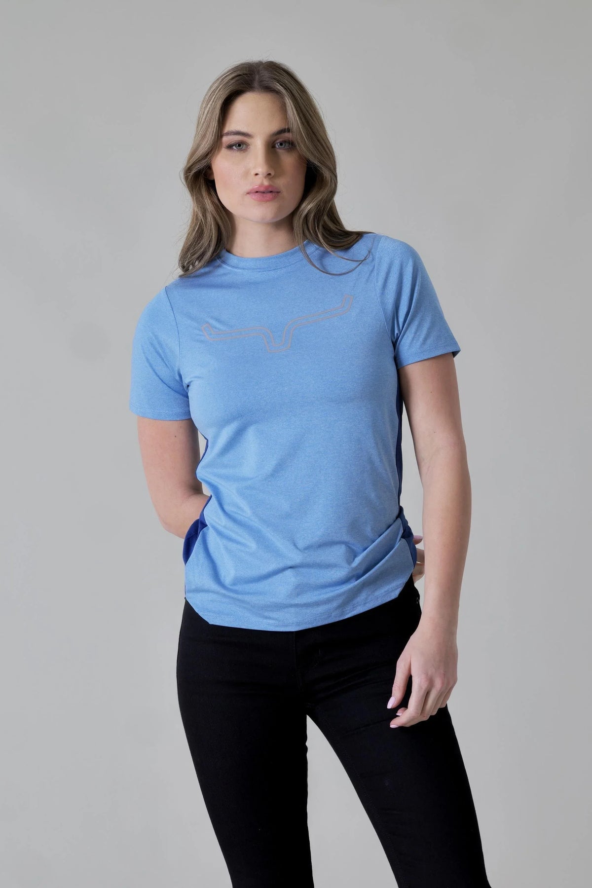 Kimes Ranch Ladies Phase 2 Tech Shirt in Turq Heather with a longhorn logo on the chest