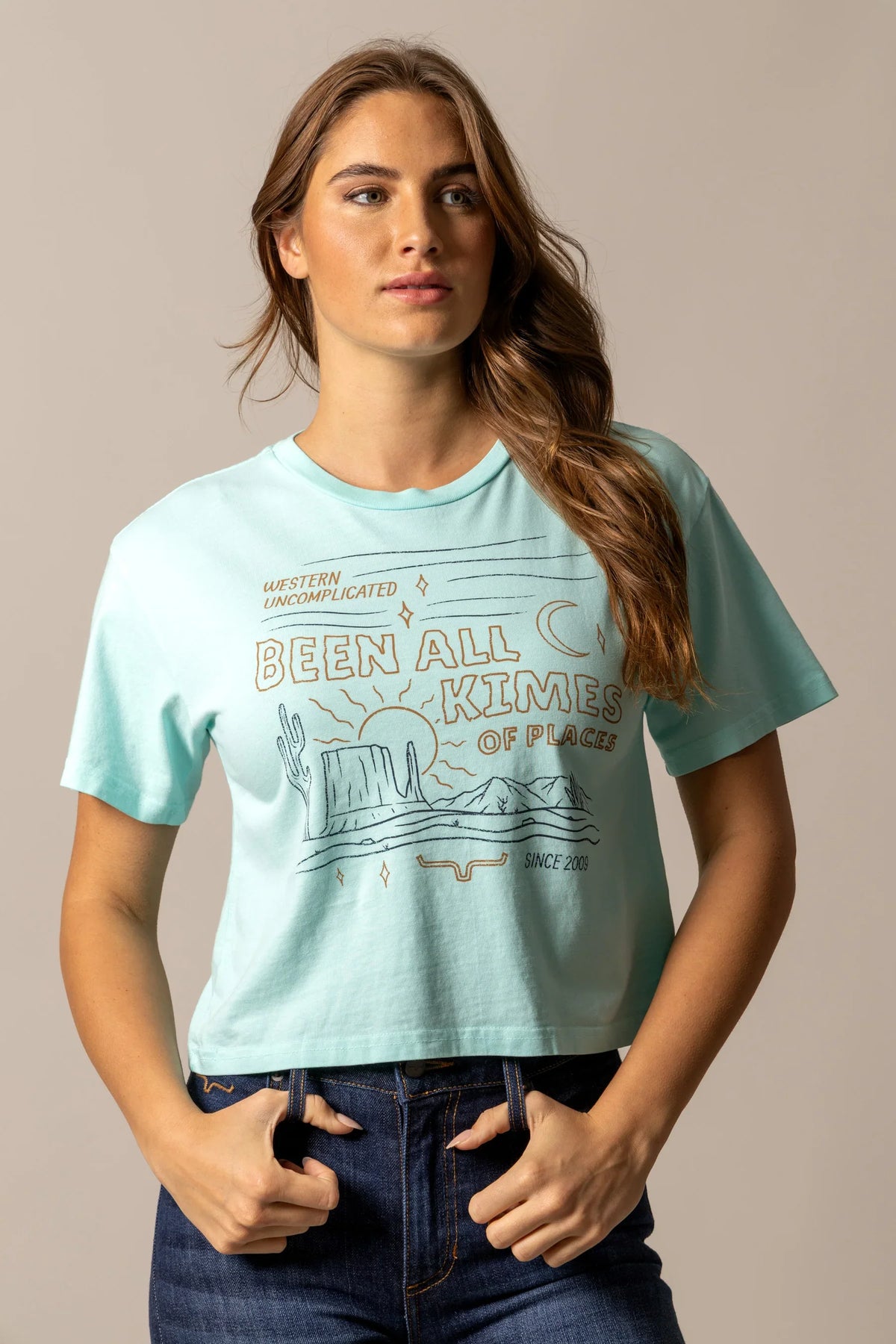 Kimes Ranch Places shirt in Mint with a Western graphic featuring a cactus, sun