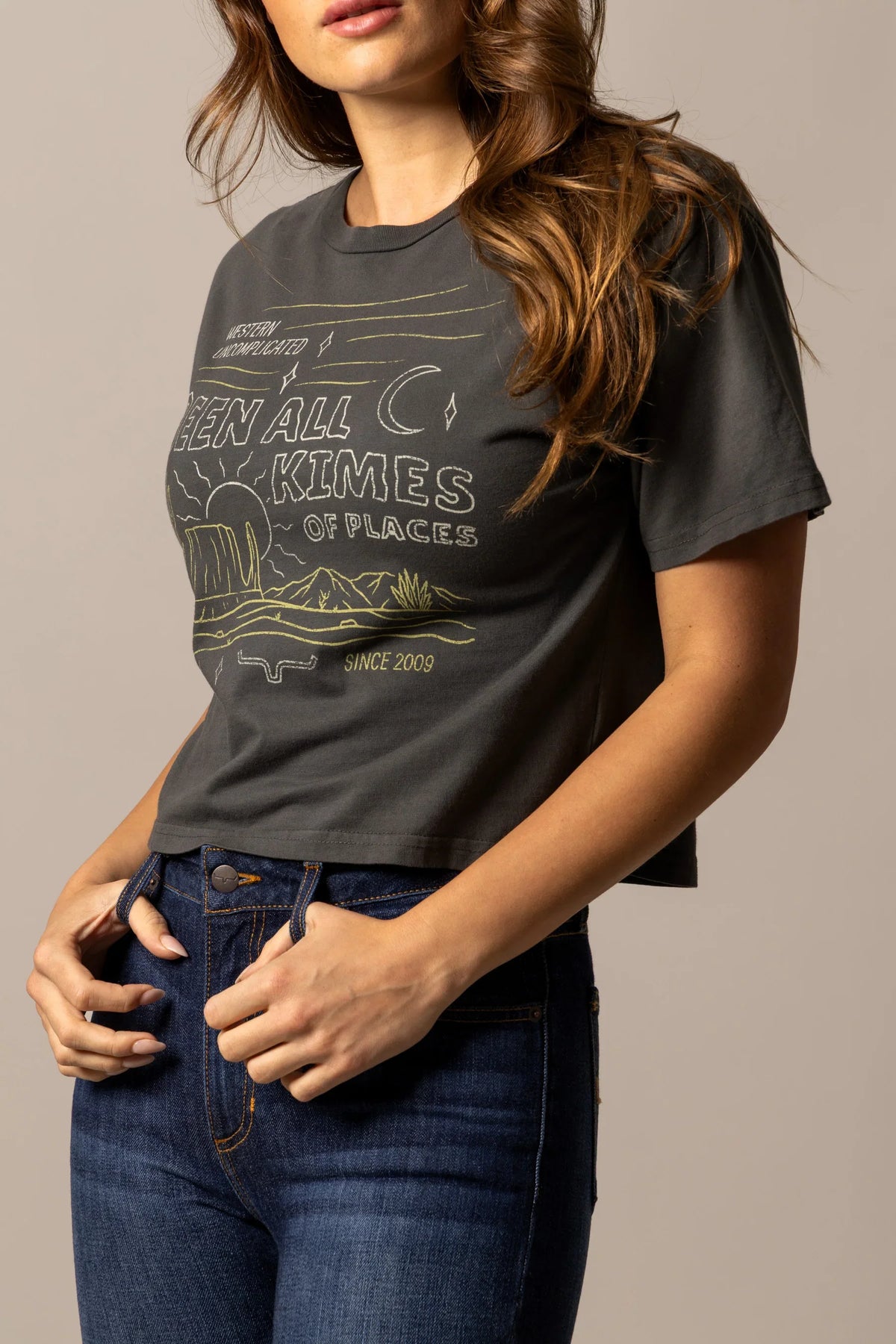 Kimes Ranch Places shirt in Pepper with a graphic print featuring a desert landscape and the text Seen All Kimes of Places