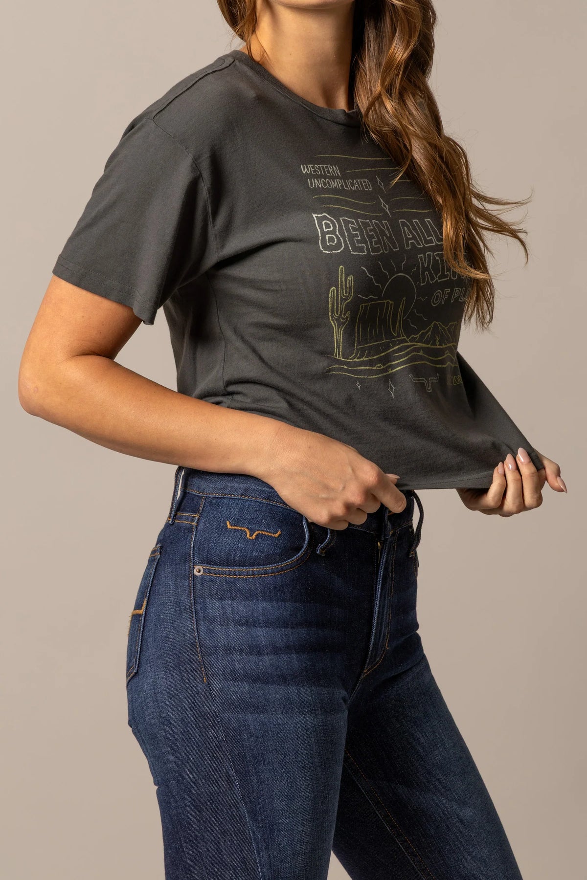 Kimes Ranch Places shirt in Pepper, side view, with a graphic featuring a cactus