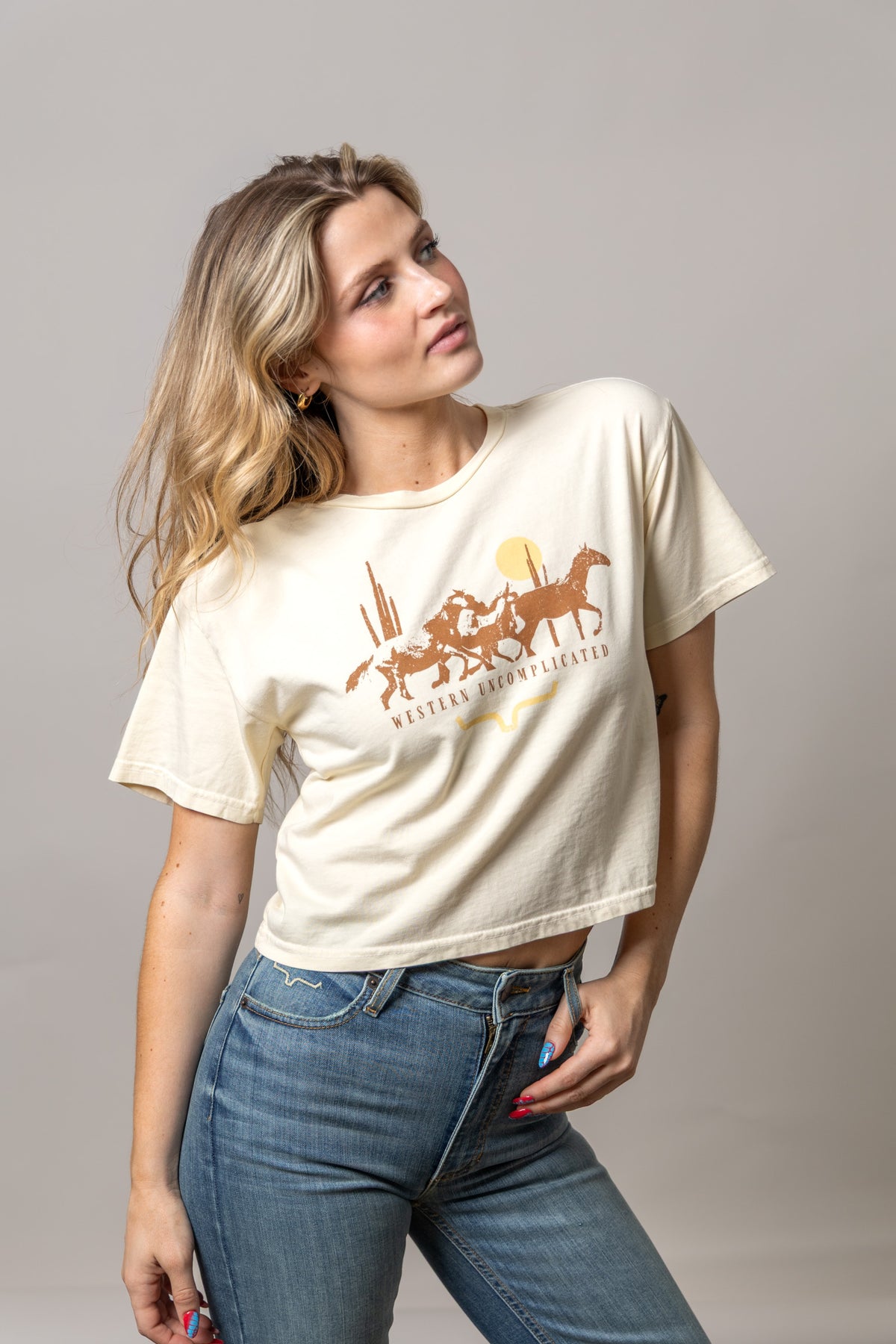 Kimes Ranch Plains Stampede shirt in Ivory with a Western Uncomplicated graphic of horses and cacti