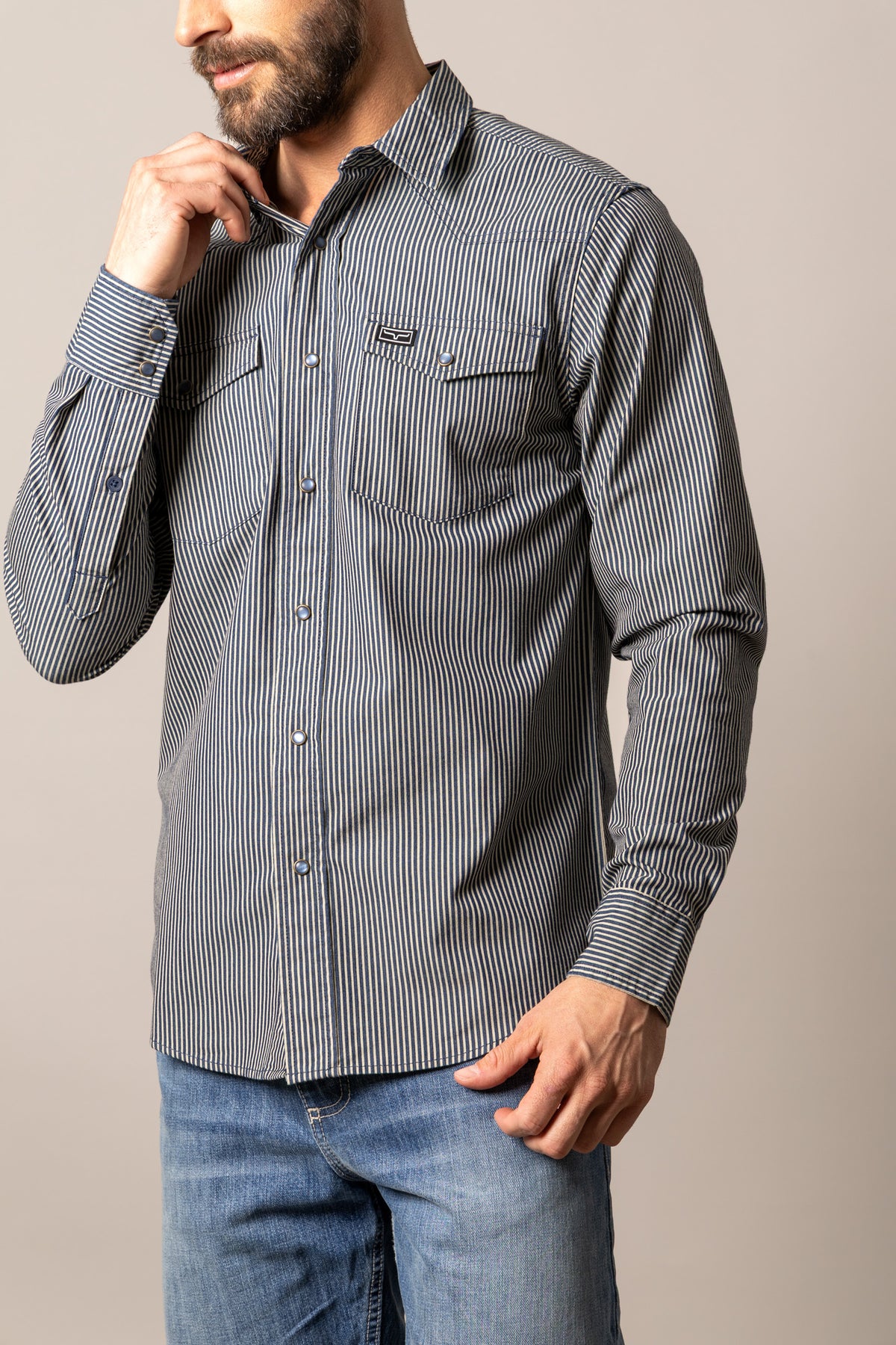 Kimes Ranch Quentin dress shirt in Indigo with vertical stripes and chest pockets