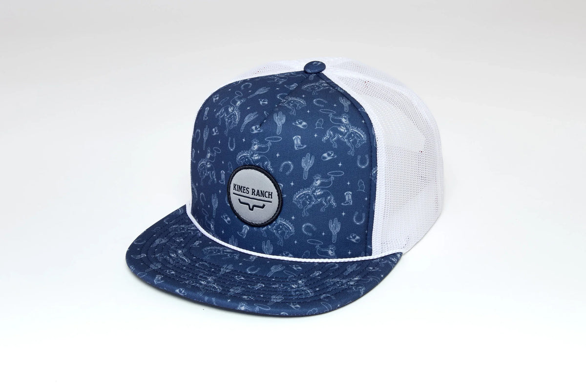 Kimes Ranch Rancho hat in Carbon Blue, side view, with a western print and the Kimes Ranch logo