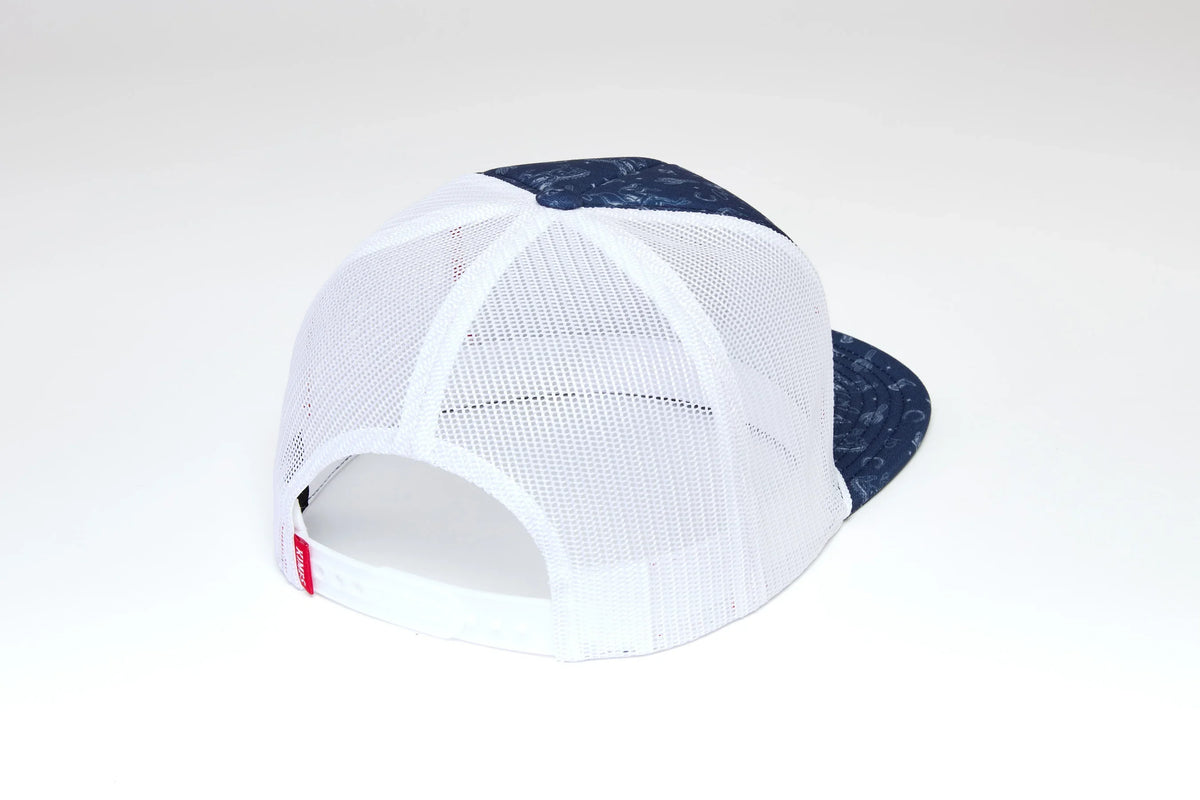 Kimes Ranch Rancho, back view, hat with white mesh back and Carbon Blue patterned front and brim