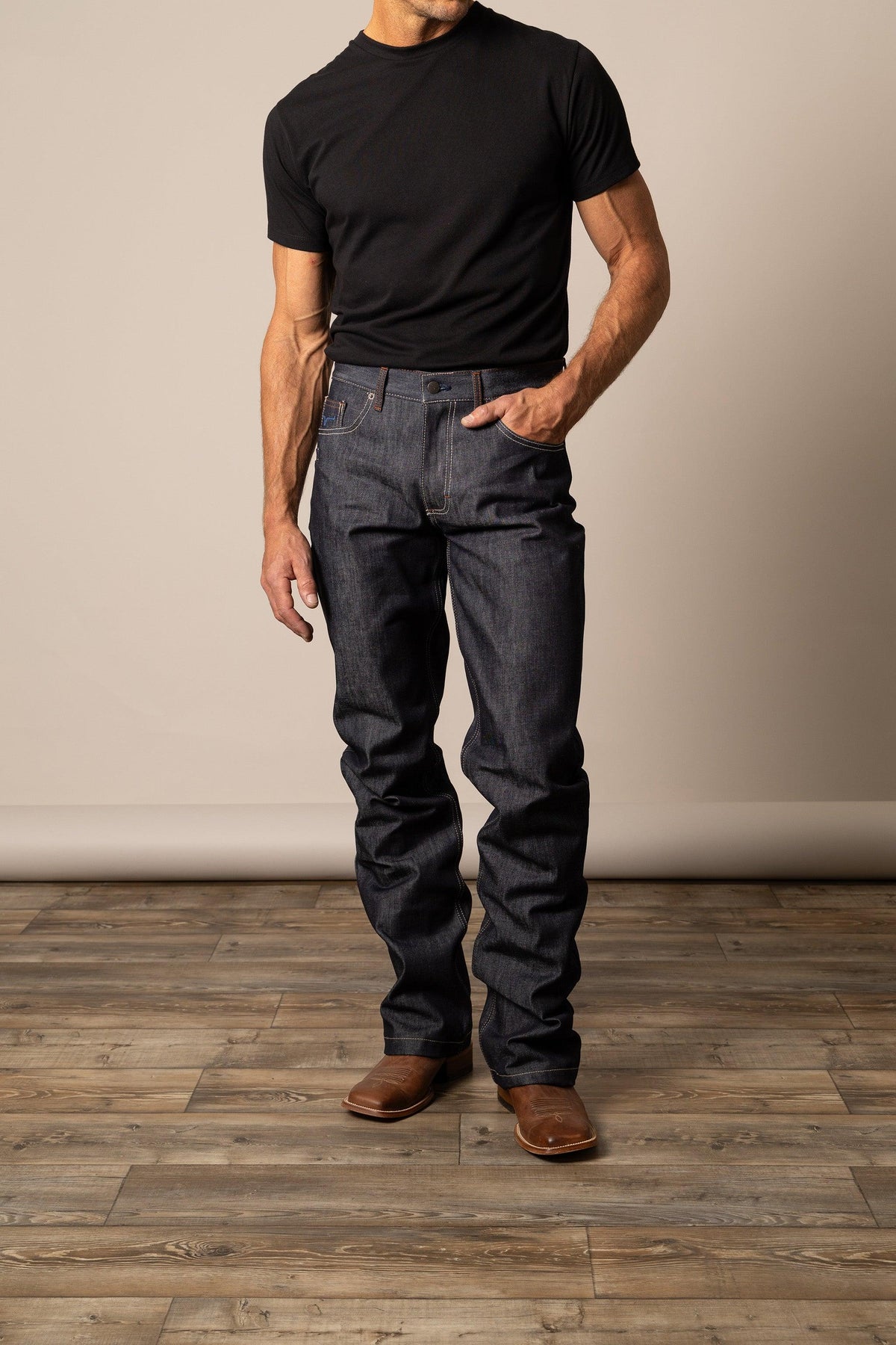 Kimes Ranch Raw Dillon relaxed bootcut jeans in dark indigo with contrast stitching and front pockets