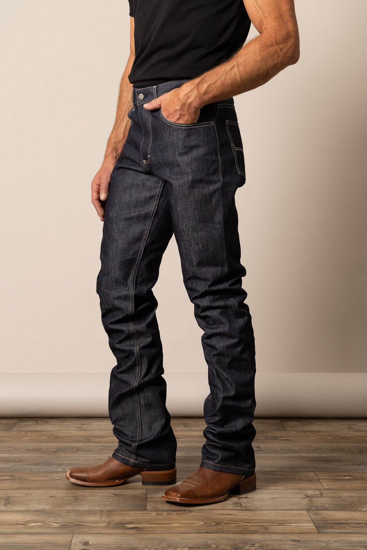 Kimes Ranch Raw James Straight Fit Bootcut jeans in dark indigo with contrast stitching and front pockets