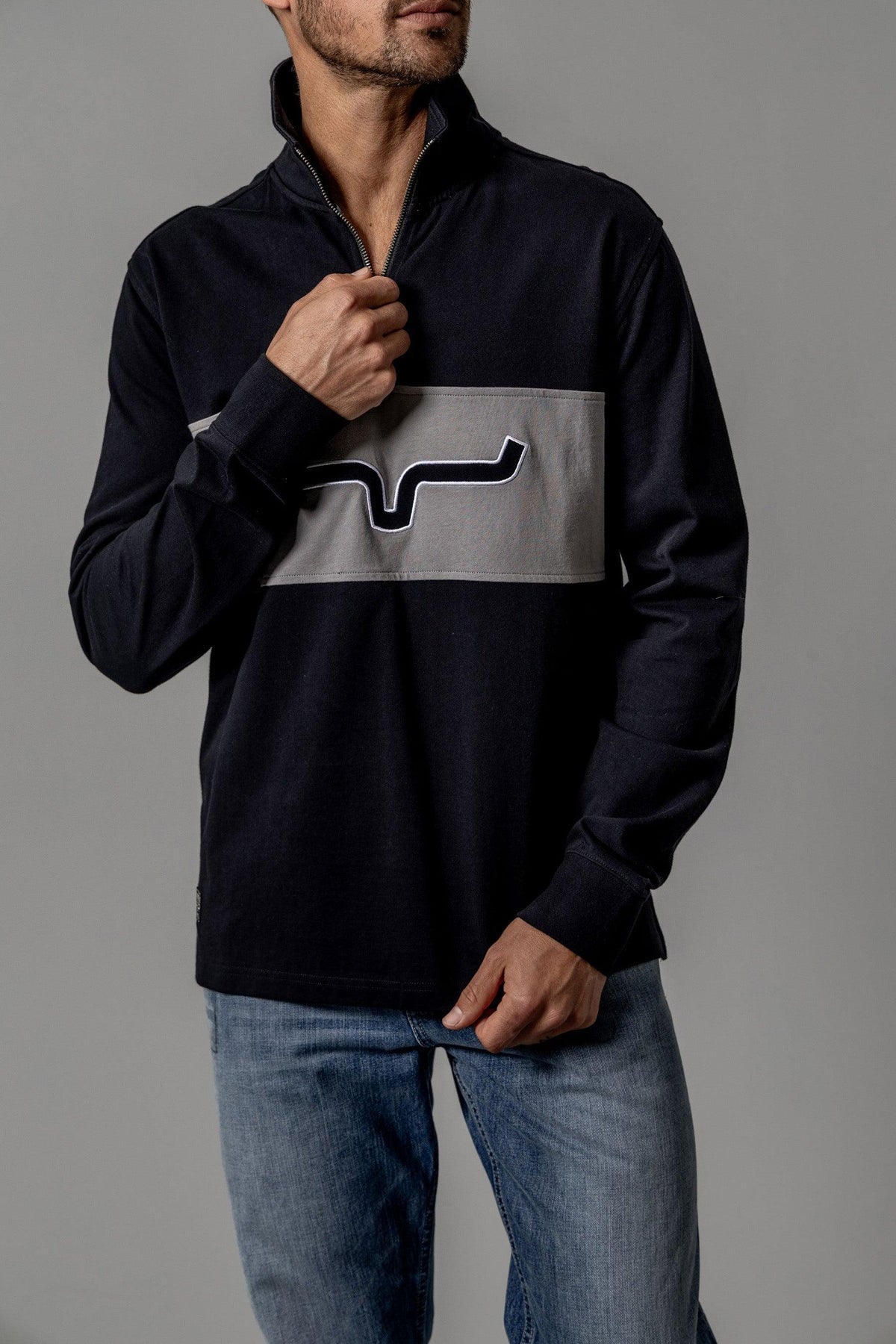 Kimes Ranch Razor Rugby sweatshirt in Black with a grey chest panel and embroidered logo