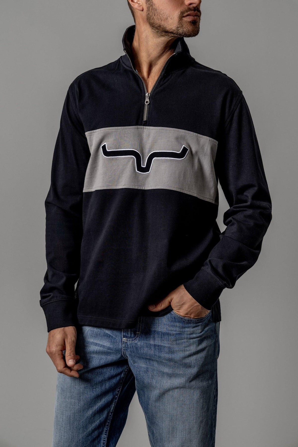Kimes Ranch Razor Rugby sweatshirt in Black with a grey chest panel and embroidered Kimes Ranch logo