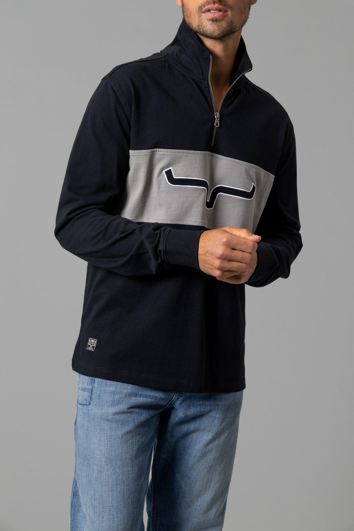 Kimes Ranch Razor Rugby sweatshirt in Black with a grey chest panel and logo