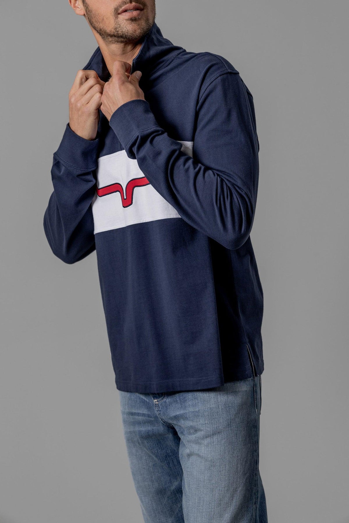 Kimes Ranch Razor Rugby sweatshirt in Navy, side view, with a white chest panel and red graphic
