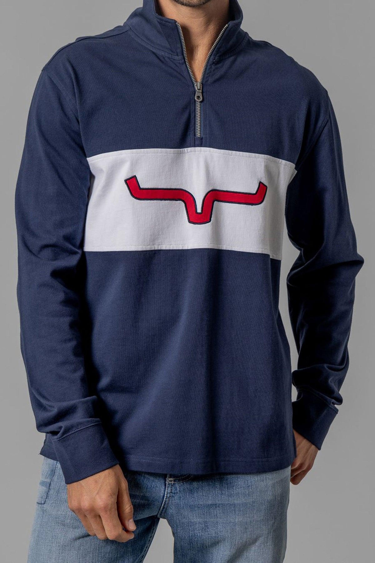 Kimes Ranch Razor Rugby sweatshirt in Navy with a white chest stripe and red logo