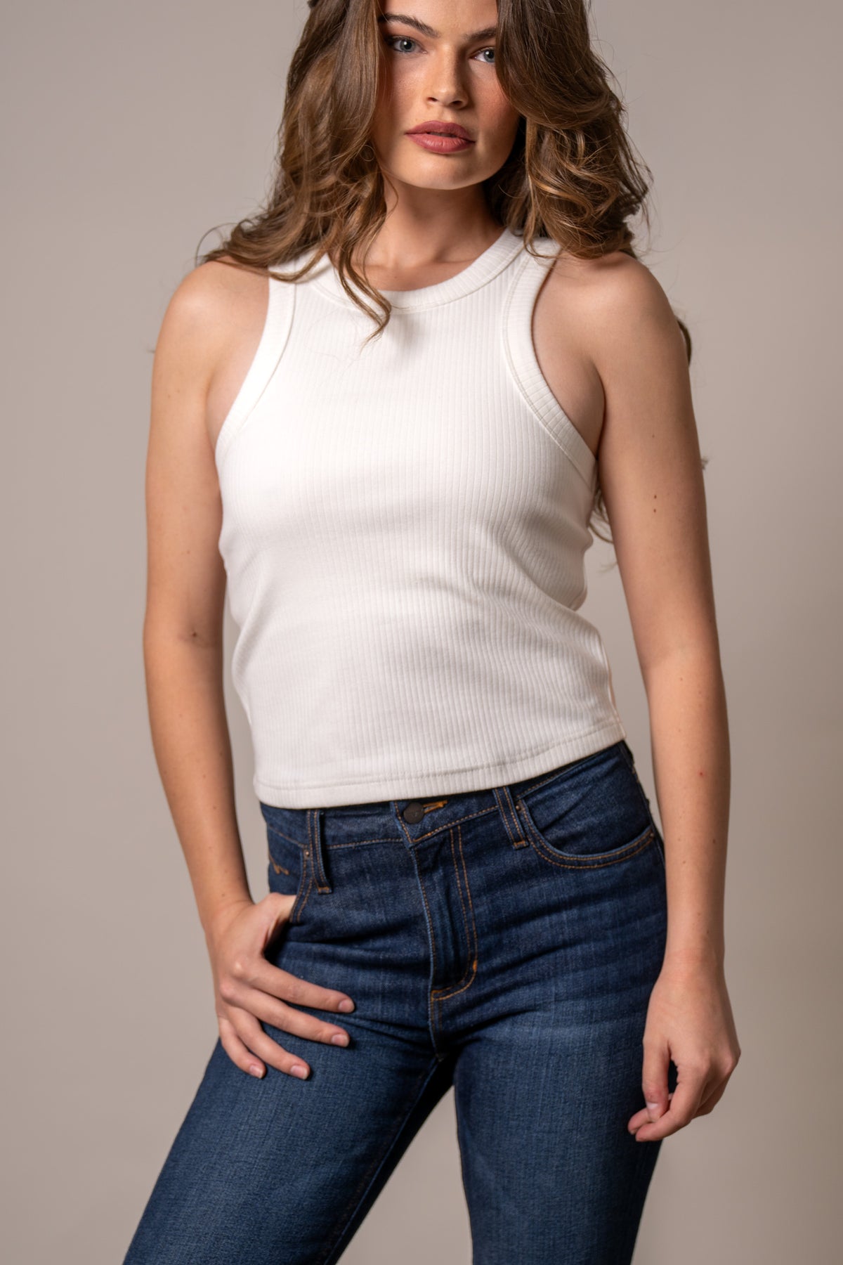 Kimes Ranch Reagan top in Pristine with a ribbed texture and a crew neckline