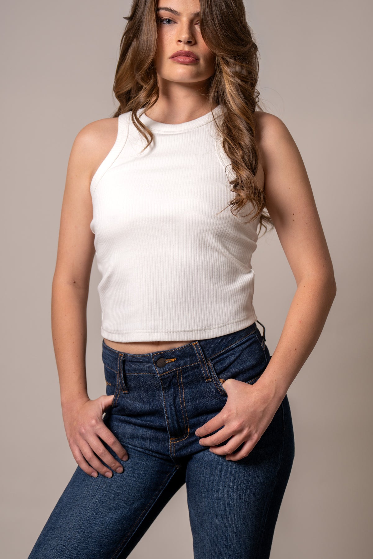 Kimes Ranch Reagan top in Pristine with a ribbed texture and crew neckline