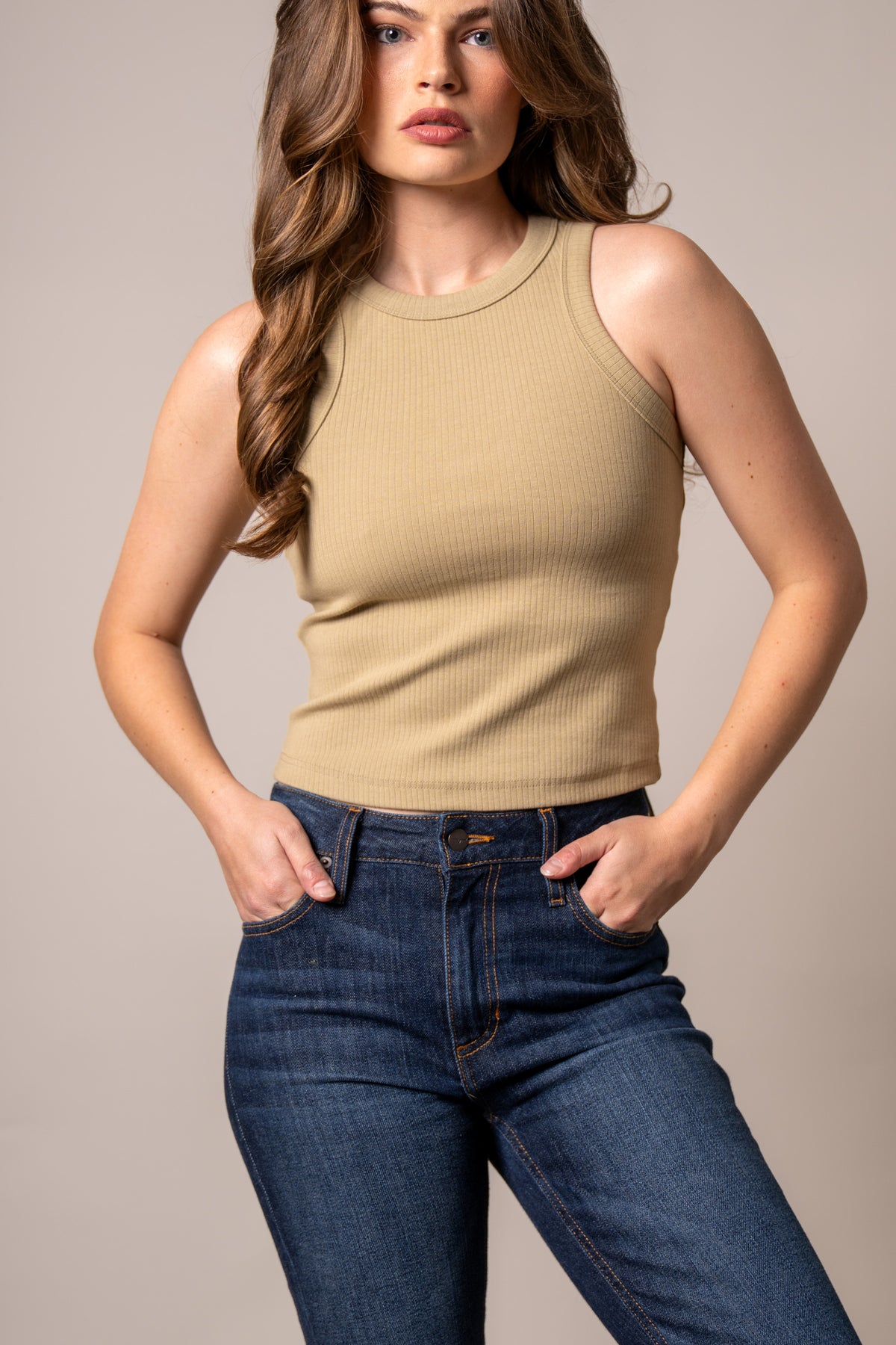 Kimes Ranch Reagan top in Sand with a ribbed texture and a crew neckline