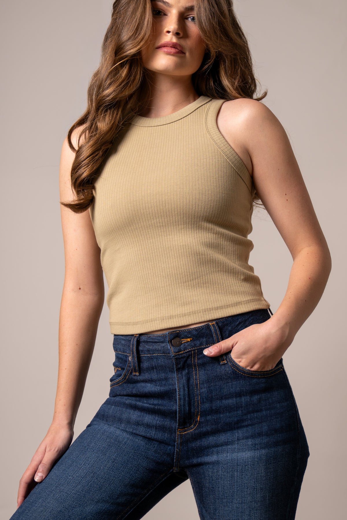 Kimes Ranch Reagan top in Sand with a ribbed knit texture and a crew neckline
