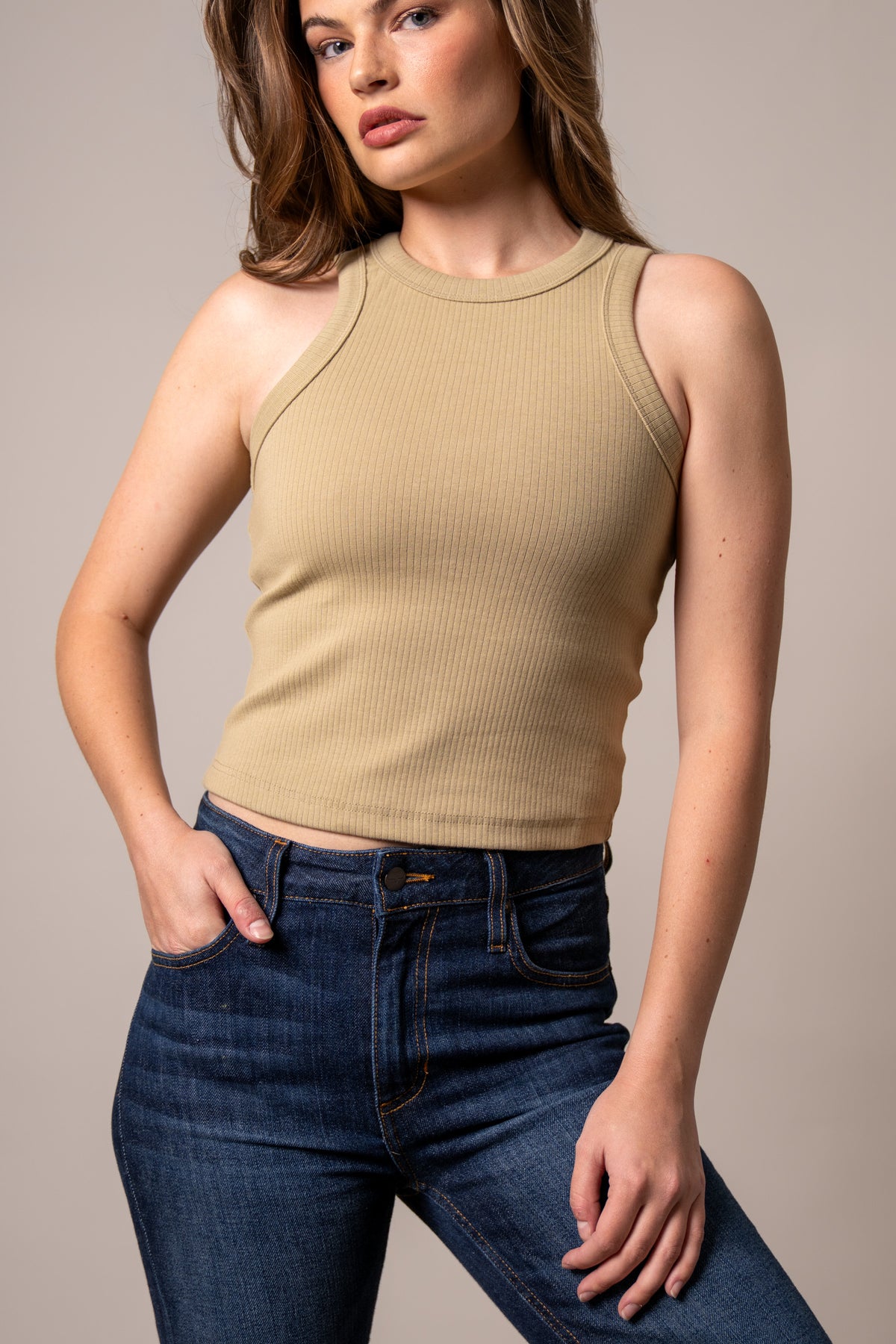 Kimes Ranch Reagan top in Sand with a ribbed knit texture and a high crew neckline