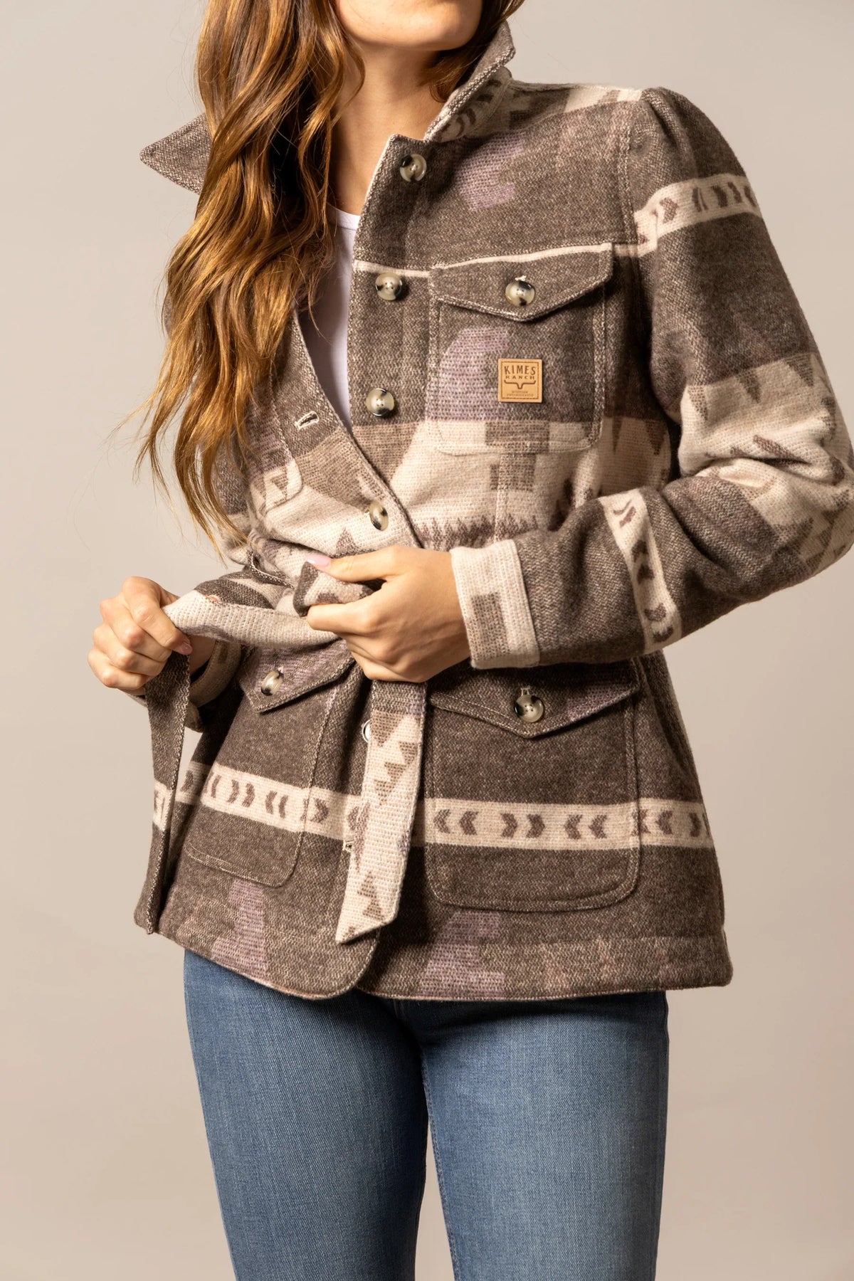Kimes Ranch Rebecca Wool Jacket in Natural with a geometric pattern, button front, and flap pockets