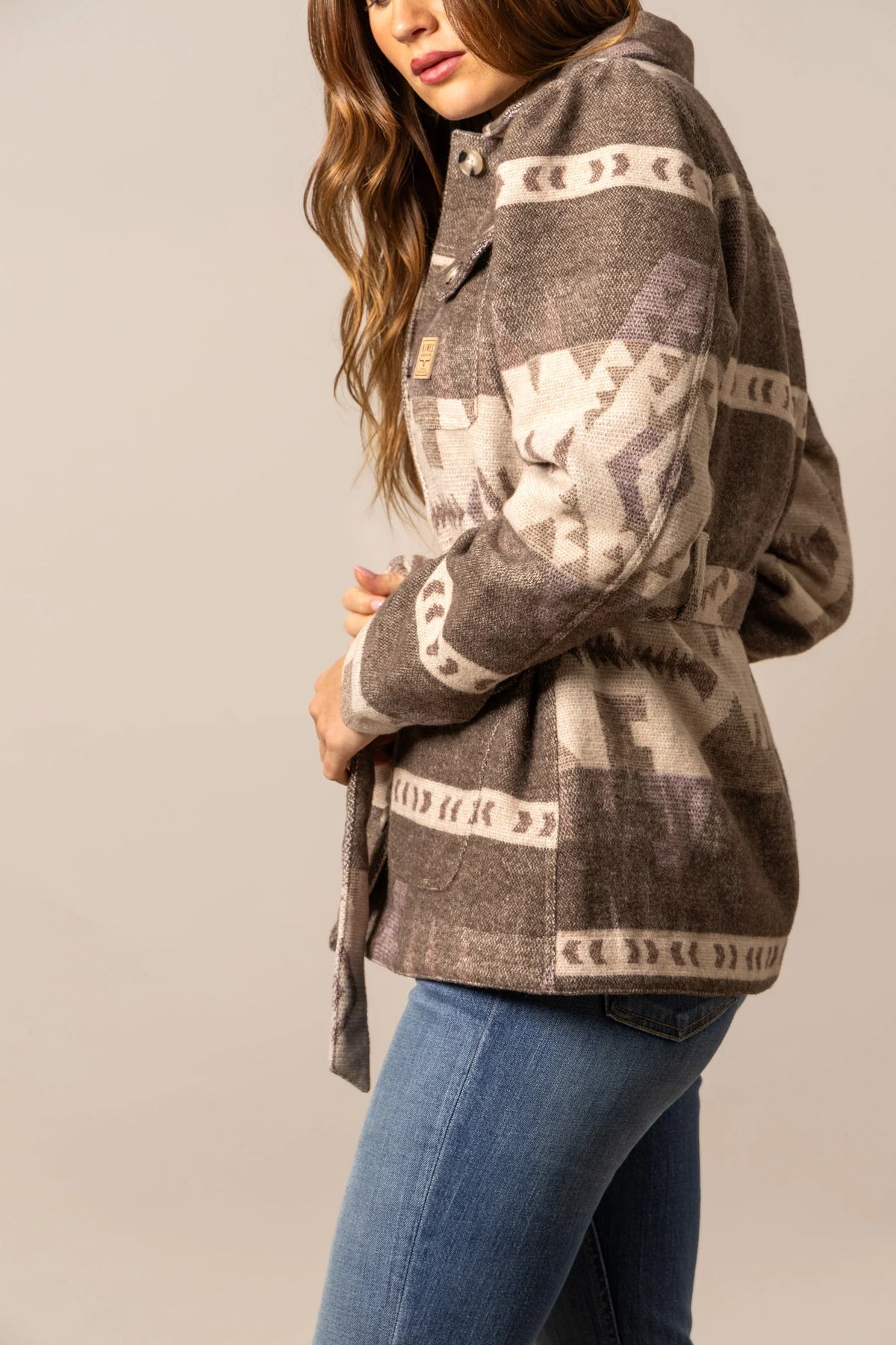 Kimes Ranch Rebecca Wool Jacket in Natural, side view, with a geometric pattern and a belted waist