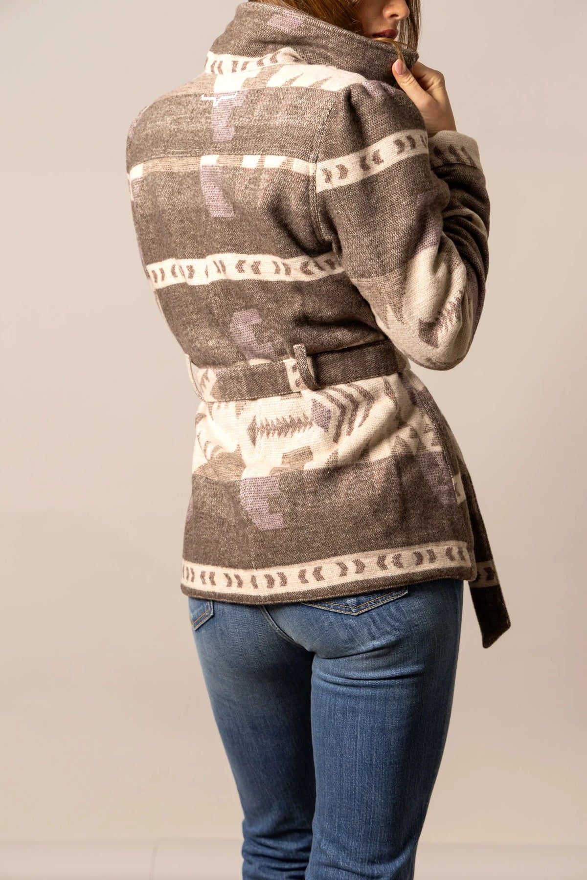 Kimes Ranch Rebecca Wool Jacket in Natural, back view, with a geometric pattern and a matching belt