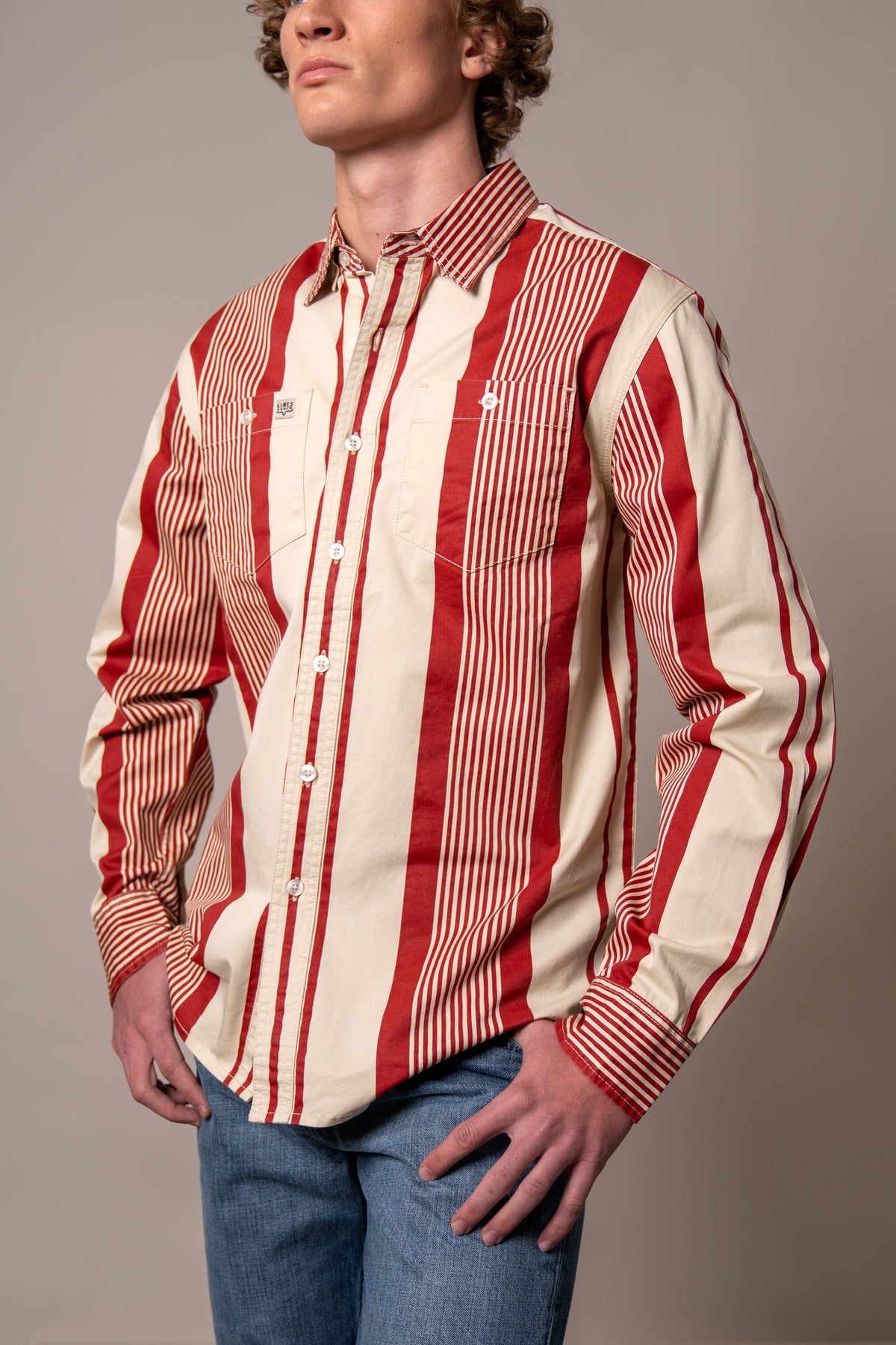 Kimes Ranch Reddy dress shirt in Brick Red with wide vertical stripes and two chest pockets