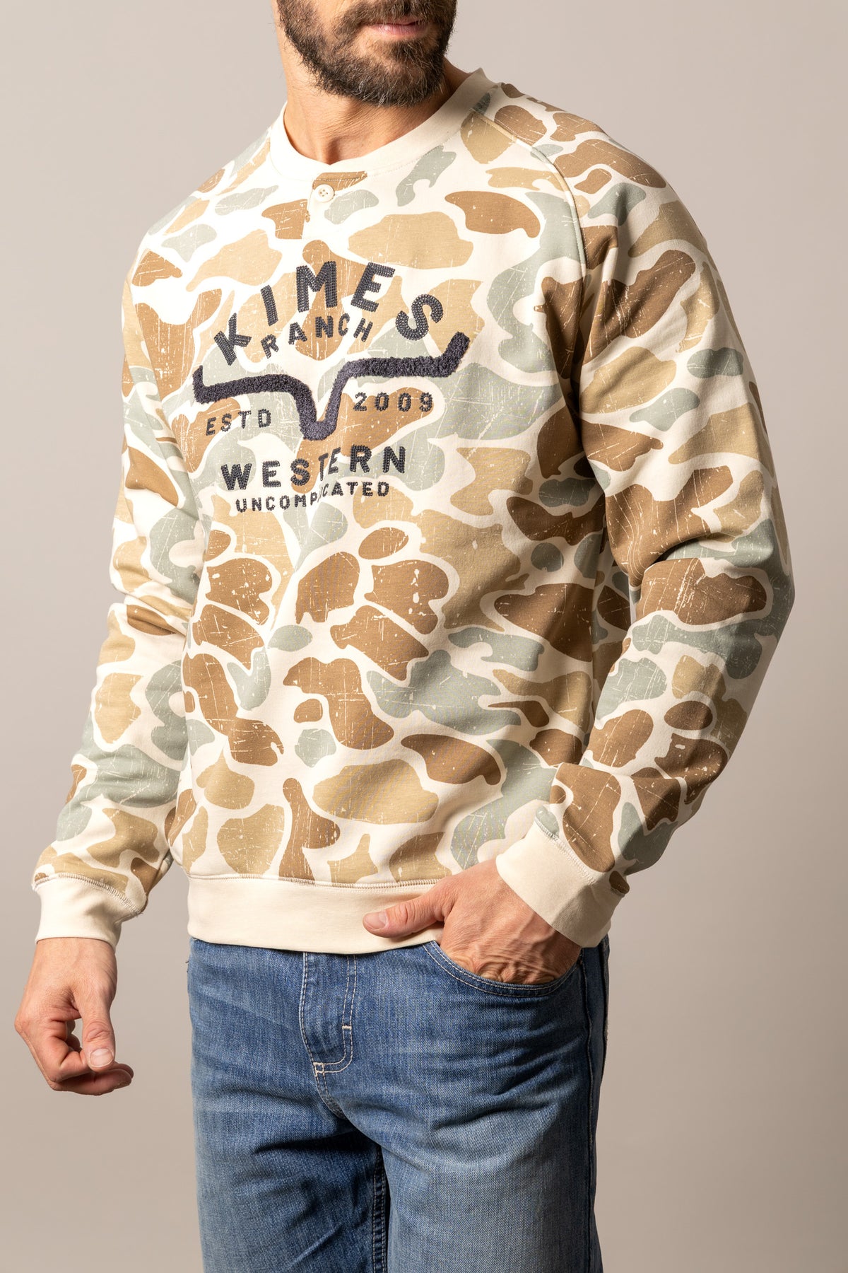 Kimes Ranch Reeves sweatshirt in Desert Camo with a vintage graphic print and long sleeves