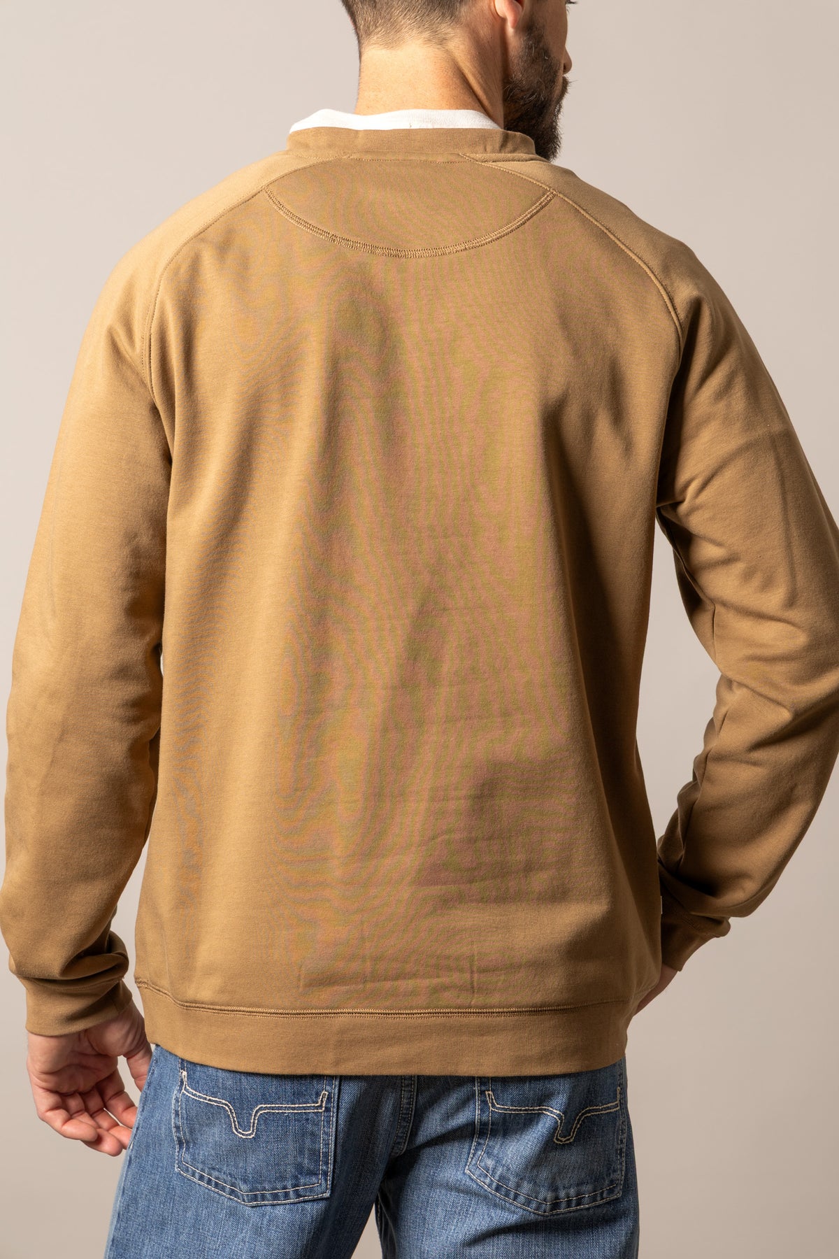 Kimes Ranch Reeves sweatshirt in Work Wear Brown, back view, with a subtle topographic map print on the back