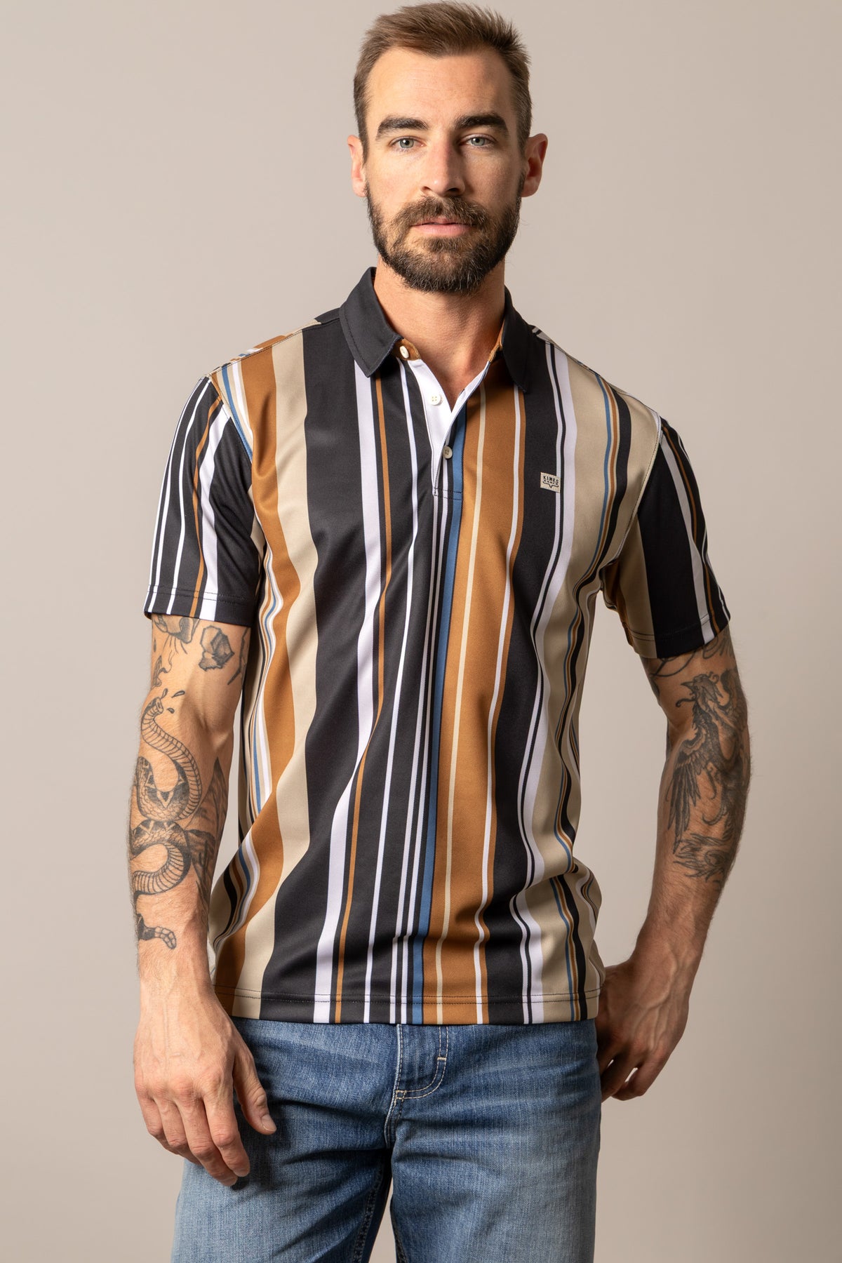 Kimes Ranch Rein polo shirt in Black with vertical stripes in tan, white, and blue with a collar and short sleeves