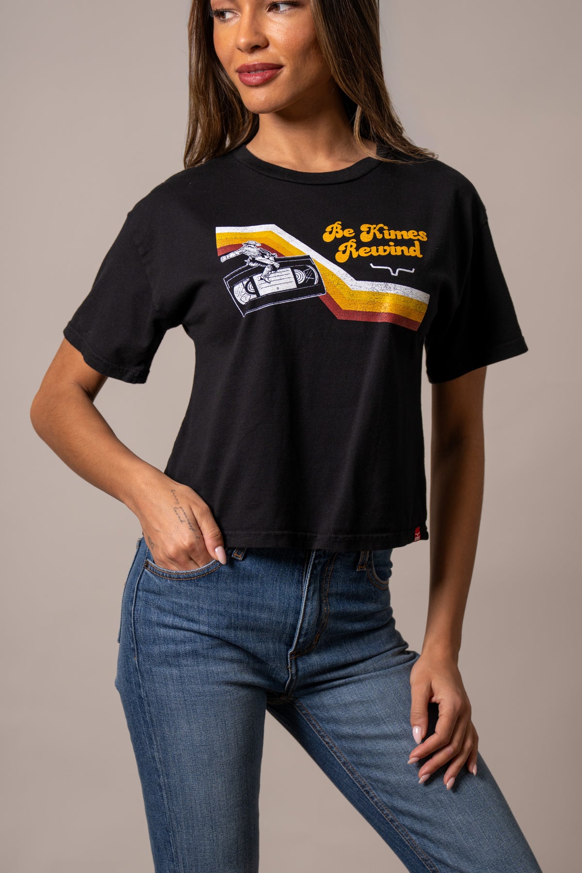 Kimes Ranch Rewind shirt in Black with a graphic of a cassette tape and the text Be Kimes Rewind