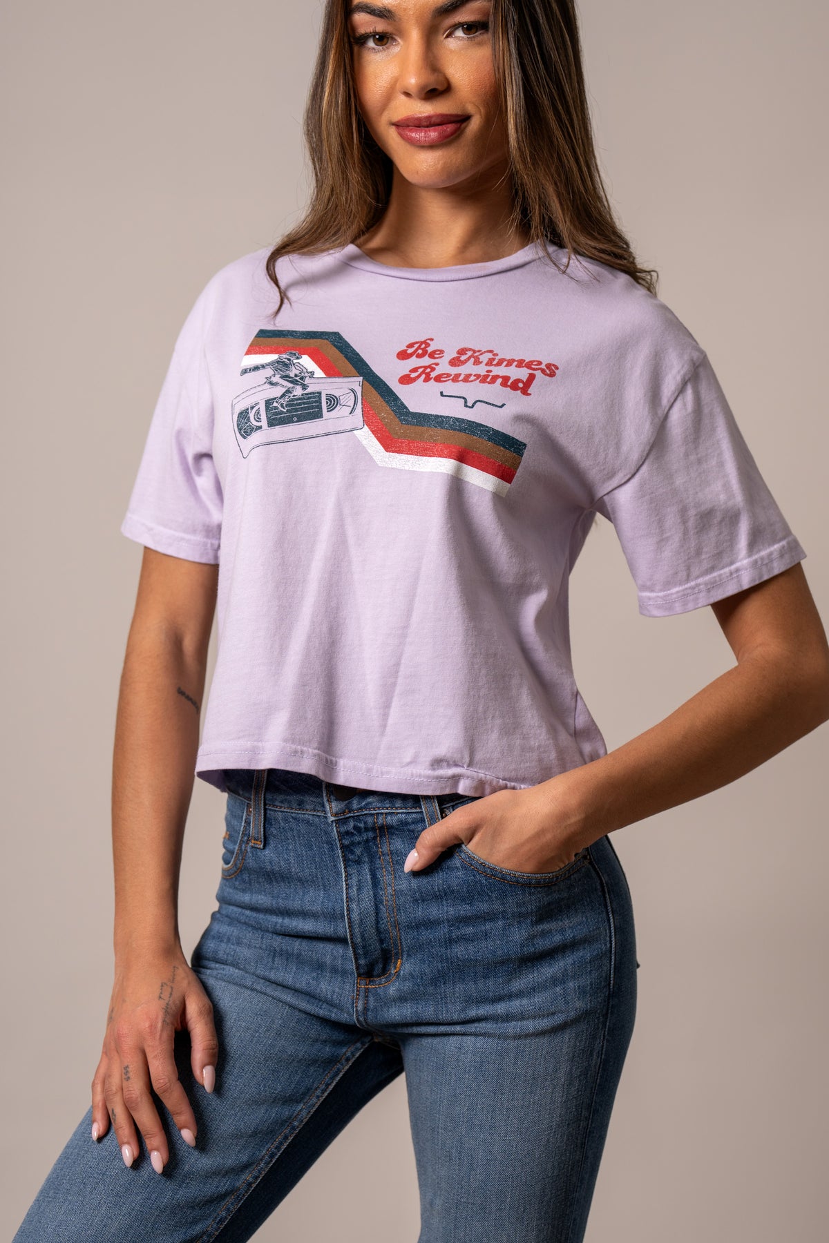 Kimes Ranch Rewind shirt in Lavender with a cassette tape graphic and Be Kimes Rewind text