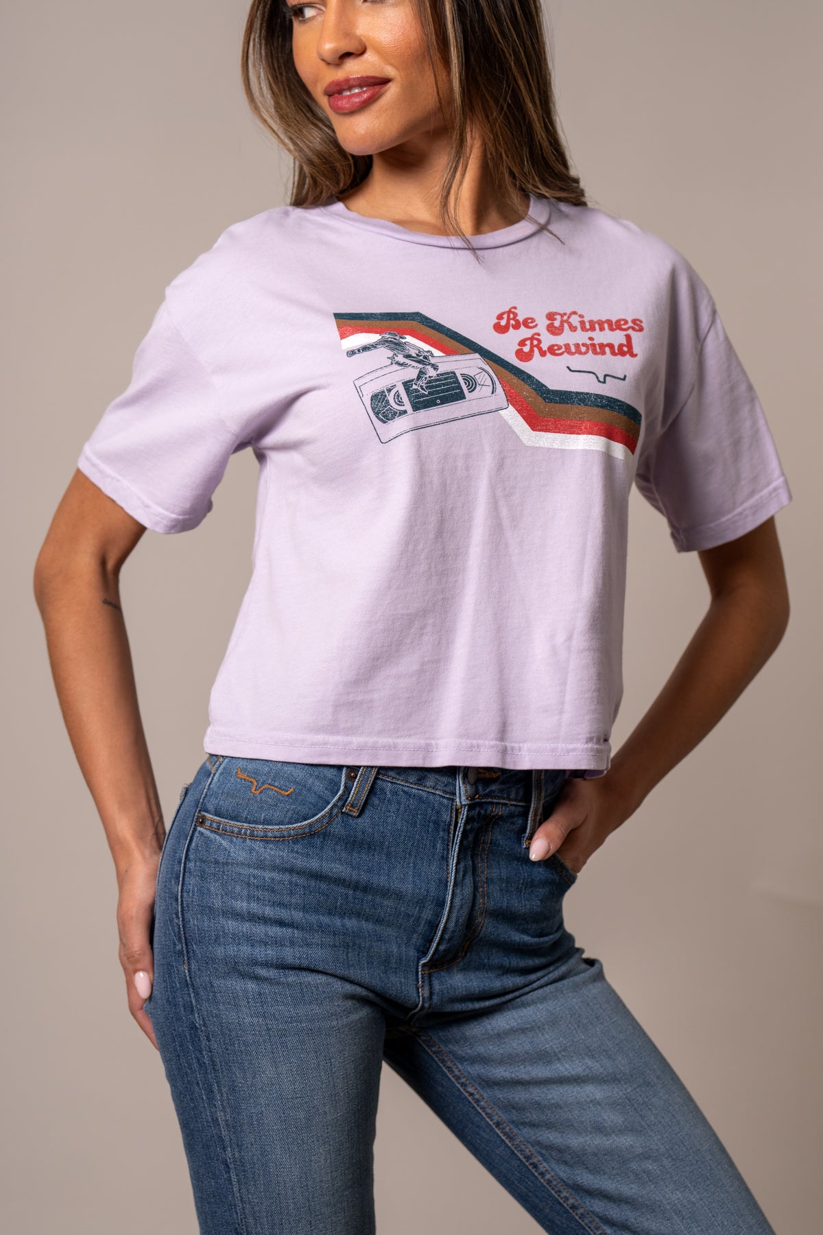 Kimes Ranch Rewind shirt in Lavender with a cassette tape graphic and Be Kimes Rewind text