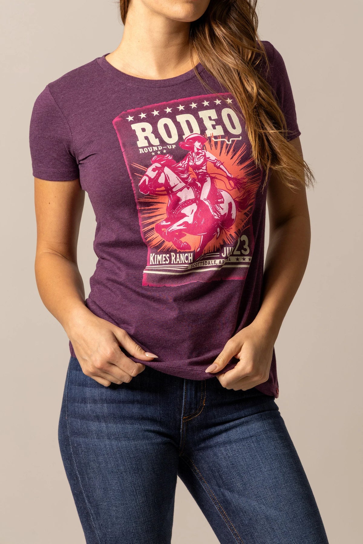 Kimes Ranch Round Up shirt in Plum with a rodeo graphic featuring a cowgirl on a horse and the text RODEO ROUND-UP
