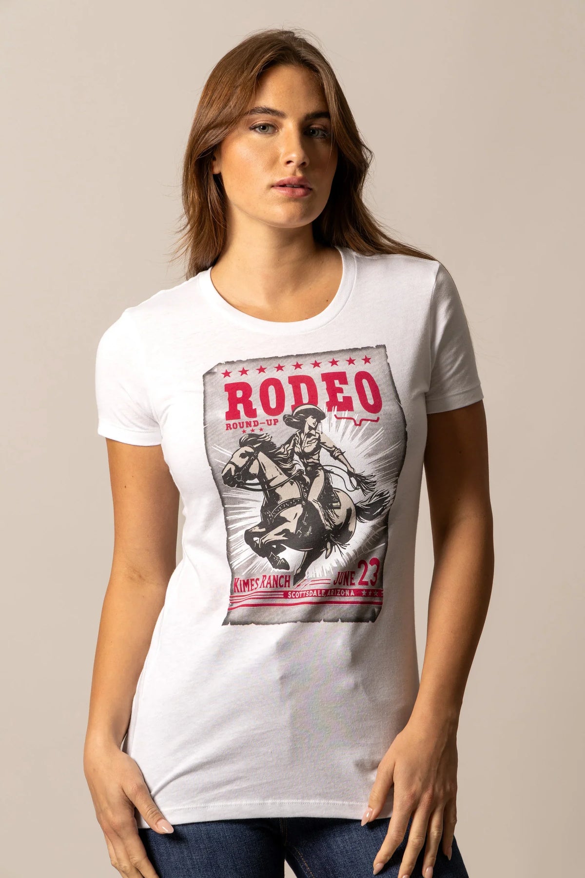 Kimes Ranch Round Up White shirt with Rodeo Round-Up graphic of a cowgirl on a horse