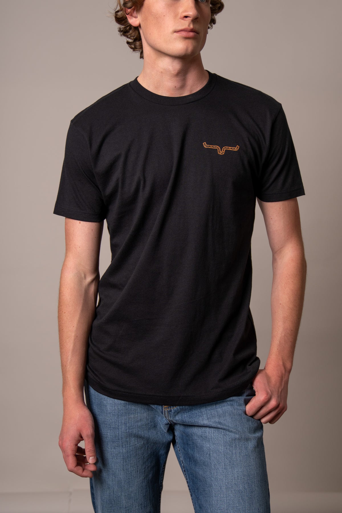 Kimes Ranch Rowell Black short sleeve t-shirt with embroidered logo on the chest