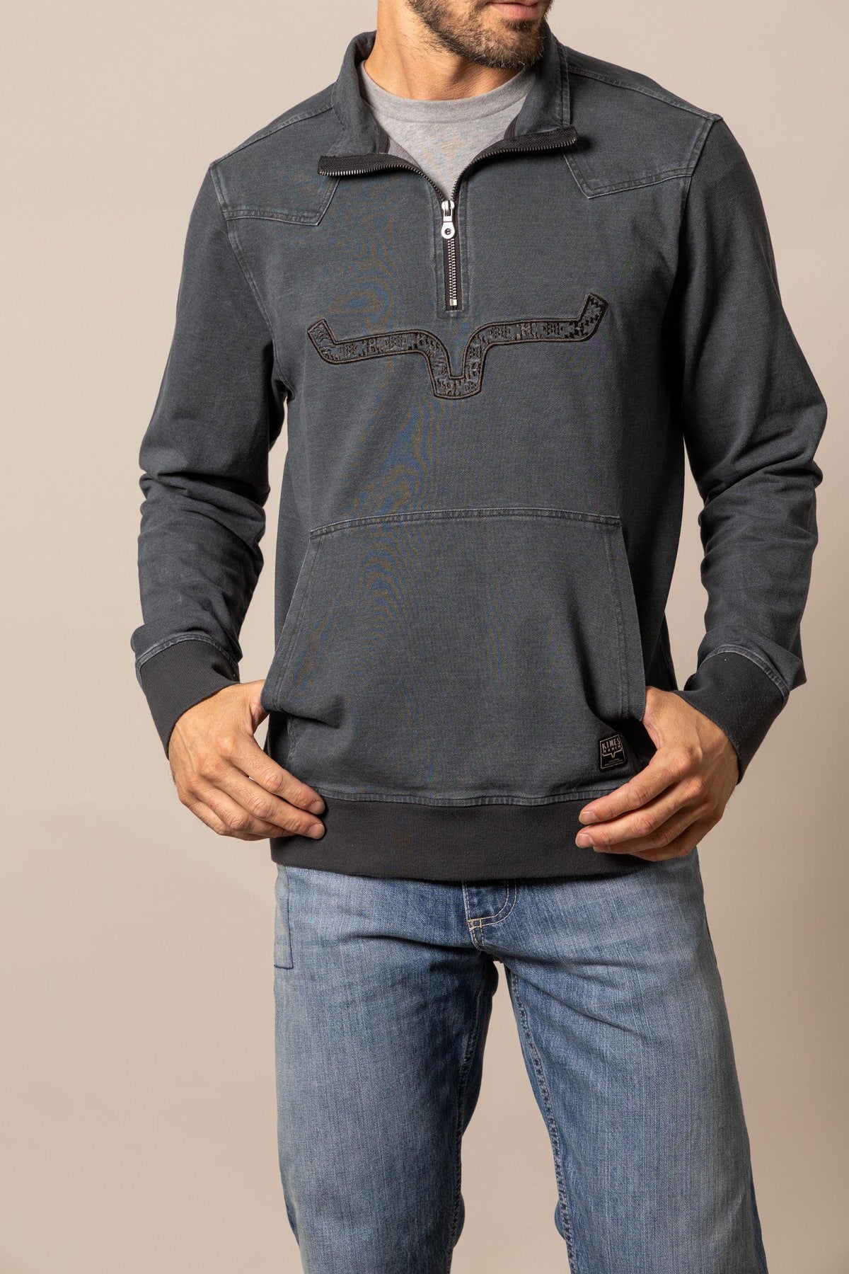 Kimes Ranch Rowell Pullover sweatshirt in Charcoal with a front kangaroo pocket and embroidered logo