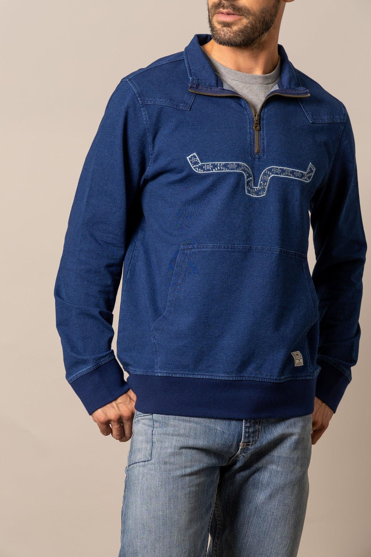 Kimes Ranch Rowell Pullover sweatshirt in Indigo with a half-zip collar and a graphic of a longhorn steer on the chest