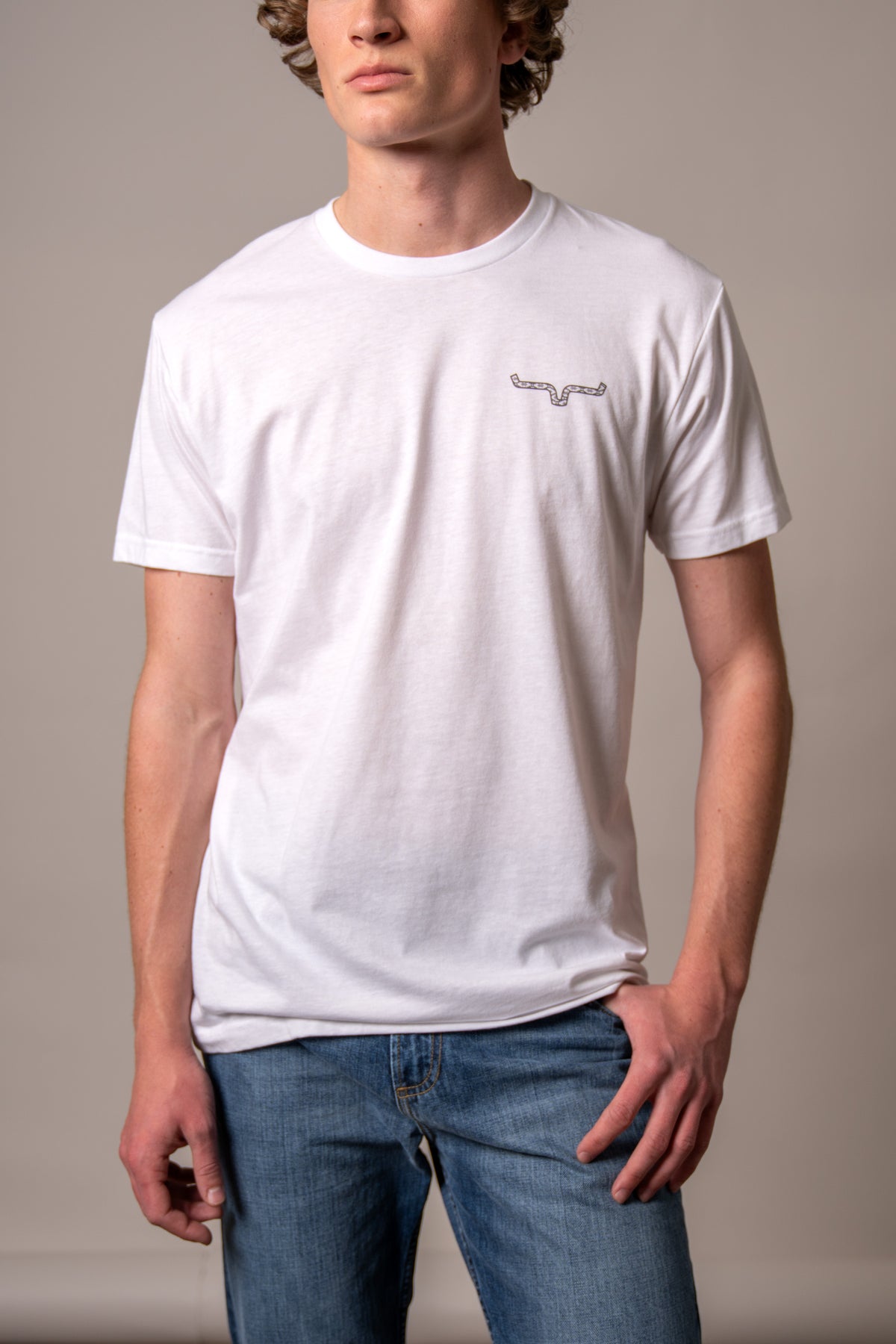 Kimes Ranch Rowell White t-shirt with short sleeves and a crew neck with the Kimes Ranch logo on the chest