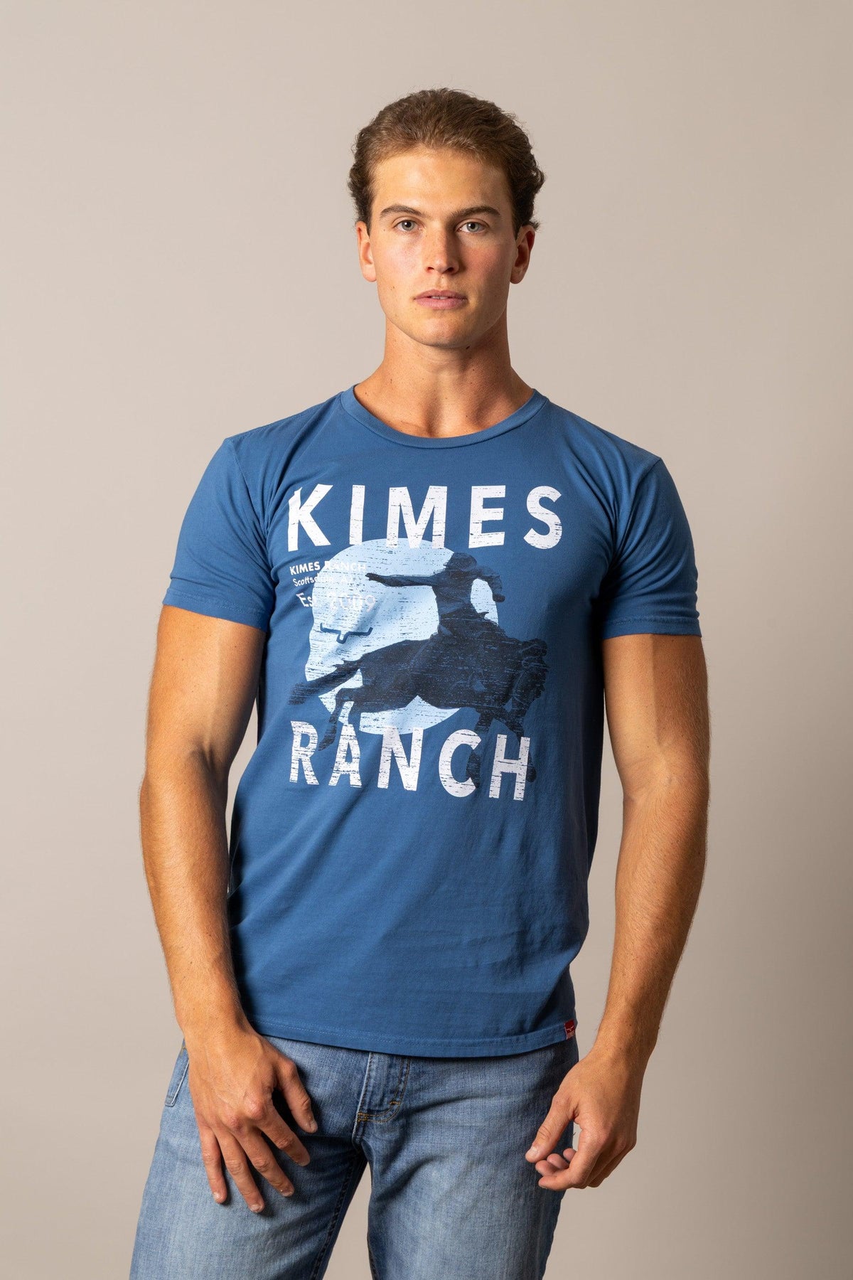 Kimes Ranch Runaway shirt in Faded with a large graphic print of a cowboy on a bucking horse and the words KIMES RANCH