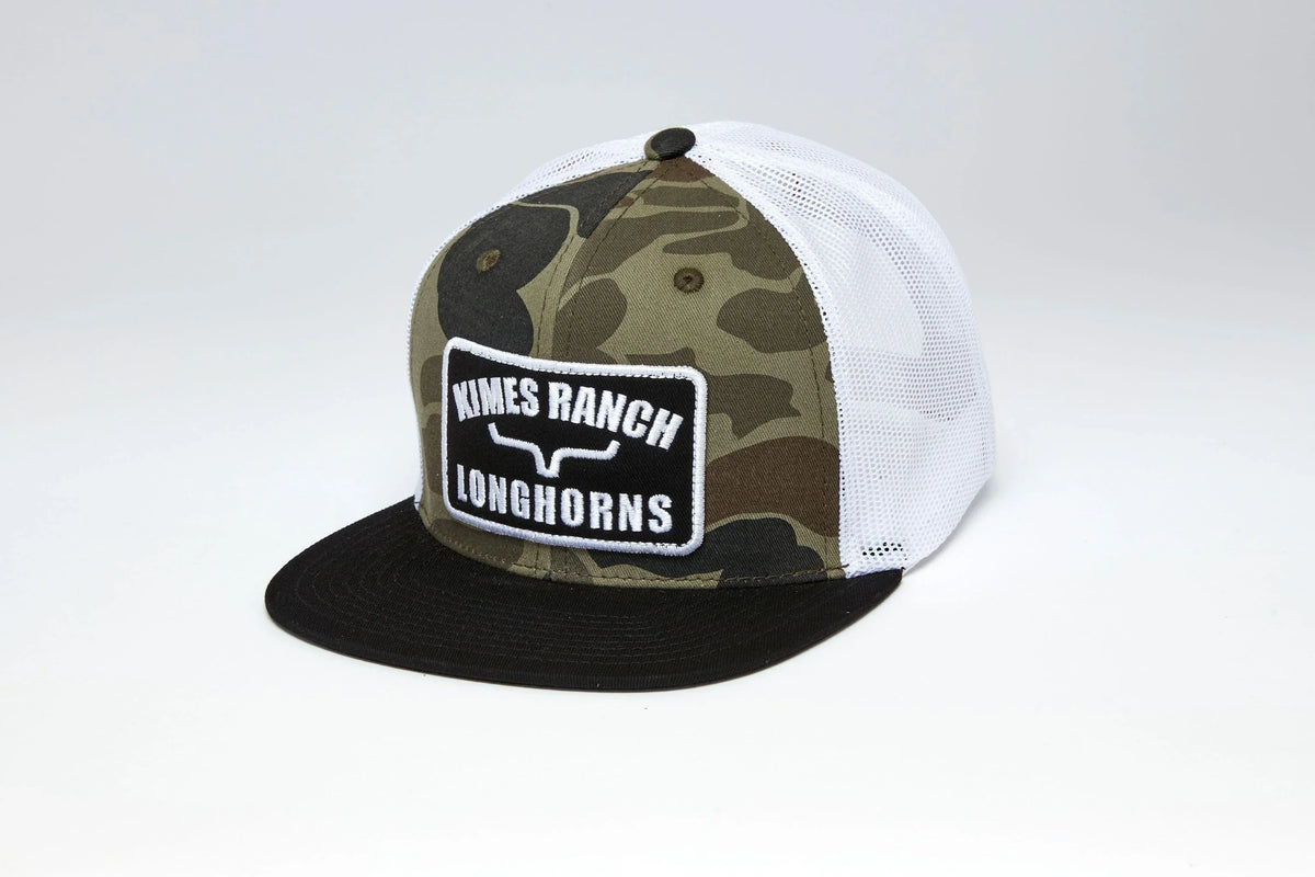 Kimes Ranch LJC Trucker hat in Camo, side view, with white mesh back and black brim featuring the Kimes Ranch logo