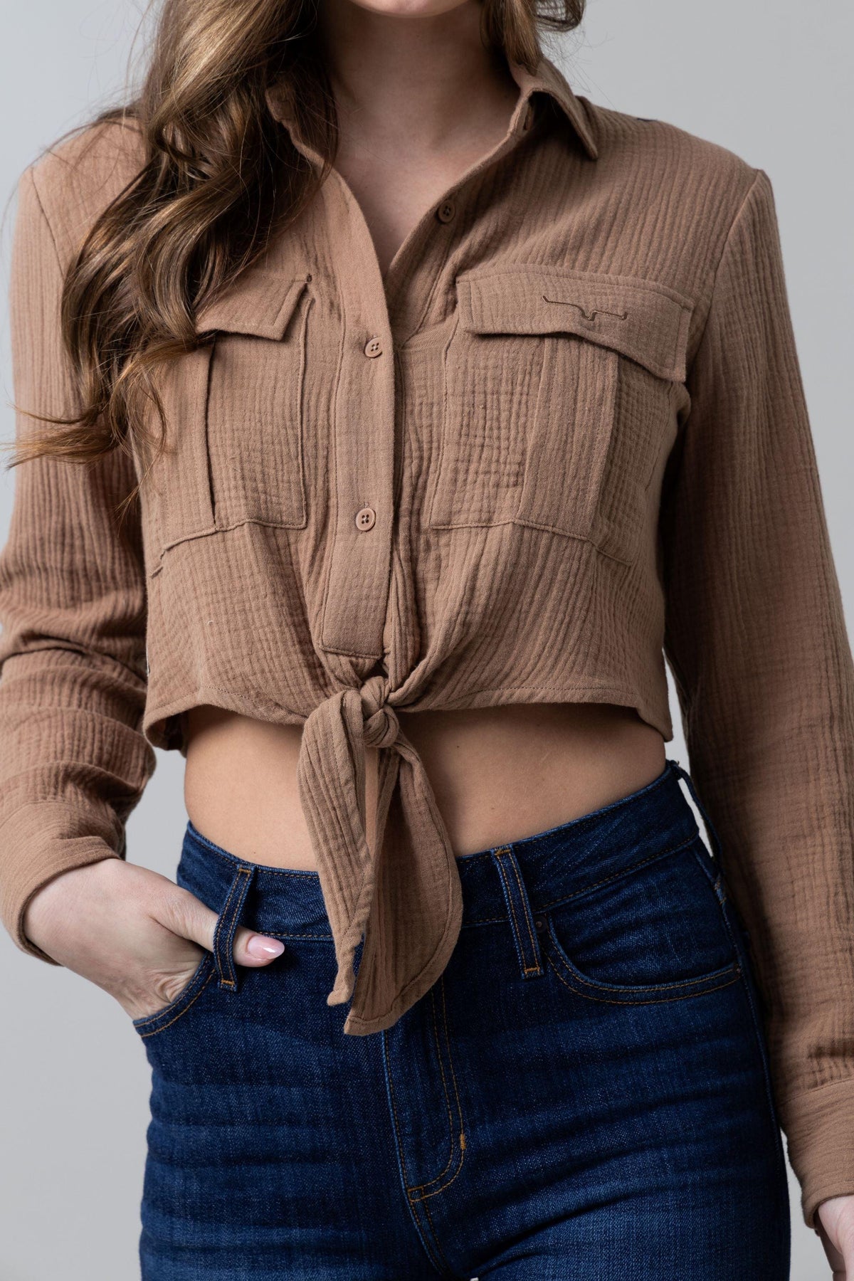 Kimes Ranch Torrean Tie Up top in Taupe with a front tie detail and two chest pockets