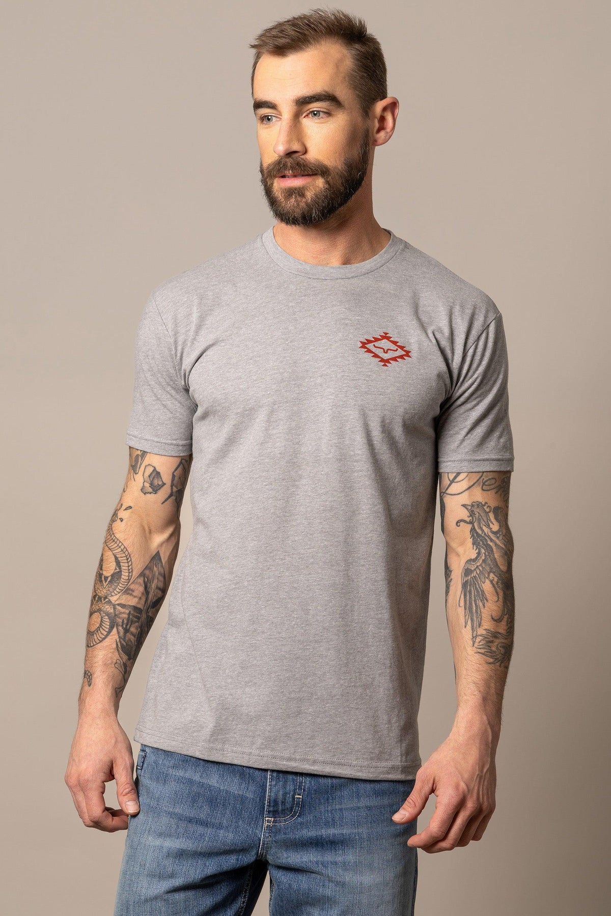 Kimes Ranch San Juan shirt in Dark Grey Heather with a red Kimes Ranch logo on the chest