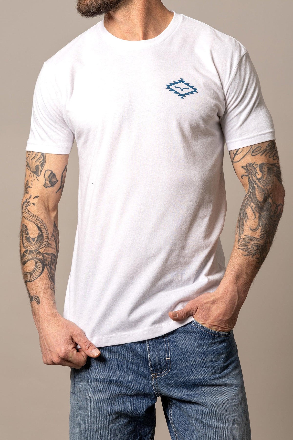 Kimes Ranch San Juan White short sleeve shirt with a blue logo on the chest