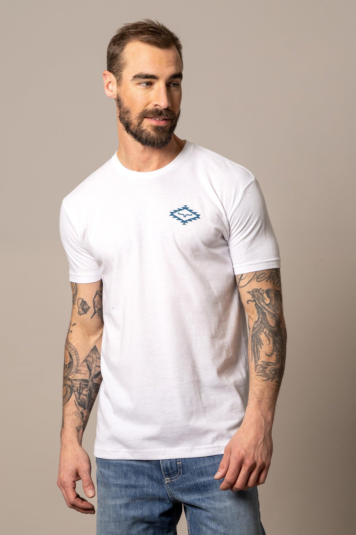 Kimes Ranch San Juan White short sleeve shirt with a blue Kimes Ranch logo on the chest