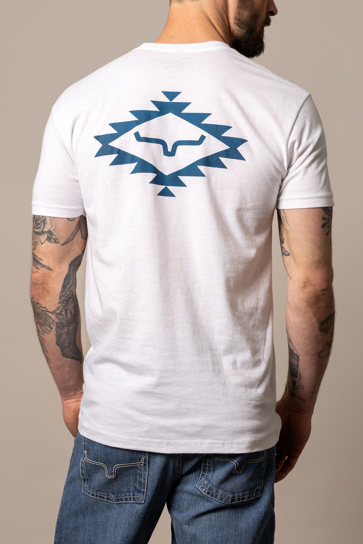 Kimes Ranch San Juan, back view, White t-shirt with a blue geometric diamond graphic on the back