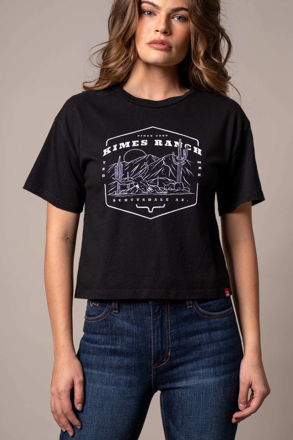 Kimes Ranch See For Miles shirt in Black with a white graphic of a desert landscape and the Kimes Ranch logo