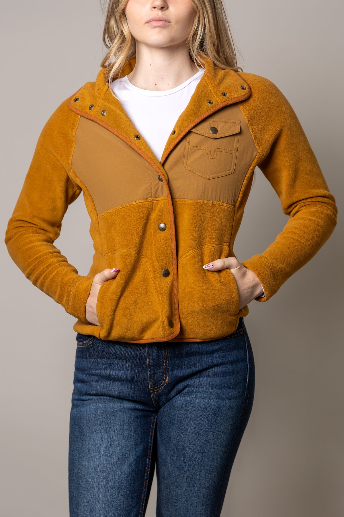 Kimes Ranch Selma Fleece sweatshirt in Work Wear Brown with contrast panels and snap closure