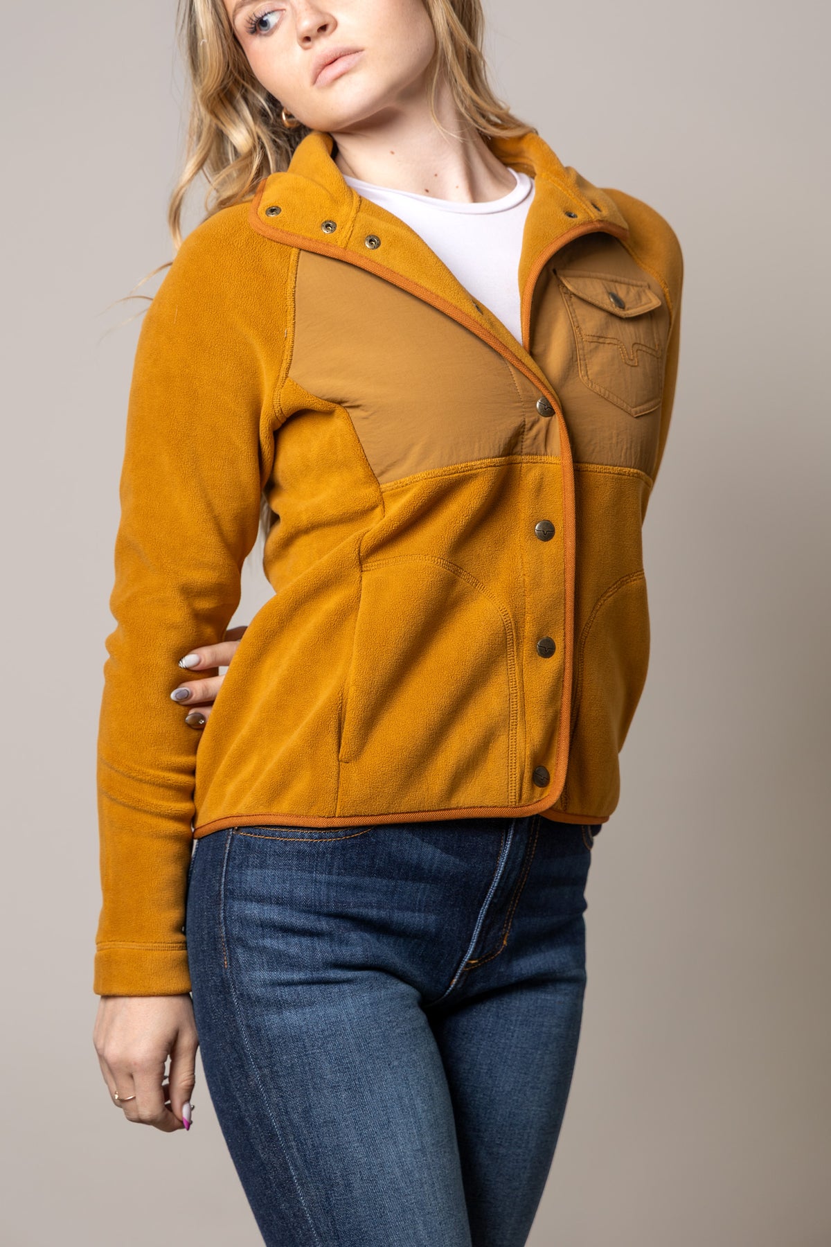 Kimes Ranch Selma Fleece sweatshirt in Work Wear Brown, side view, with contrast collar and front pockets