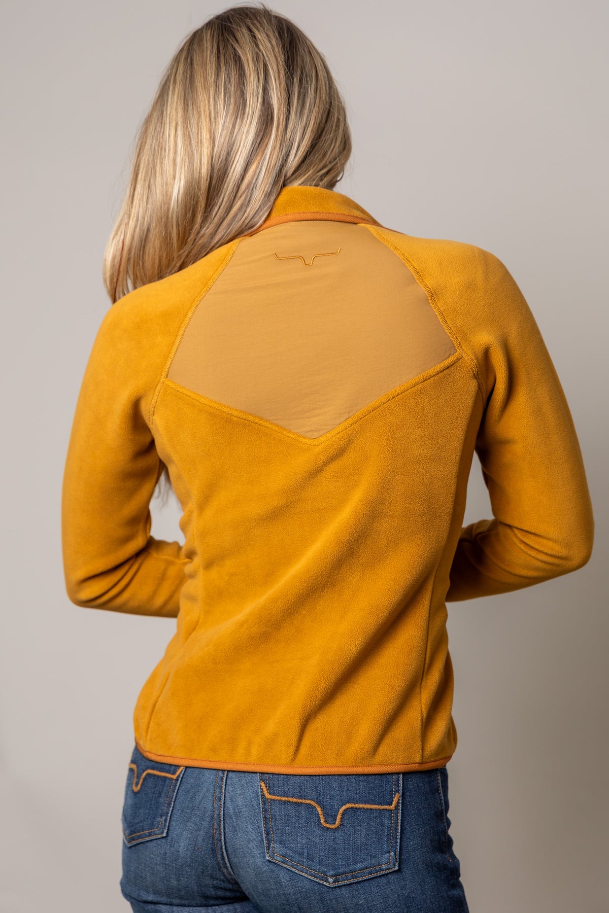 Kimes Ranch Selma Fleece sweatshirt in Work Wear Brown, back view, with back yoke and embroidered Kimes Ranch logo